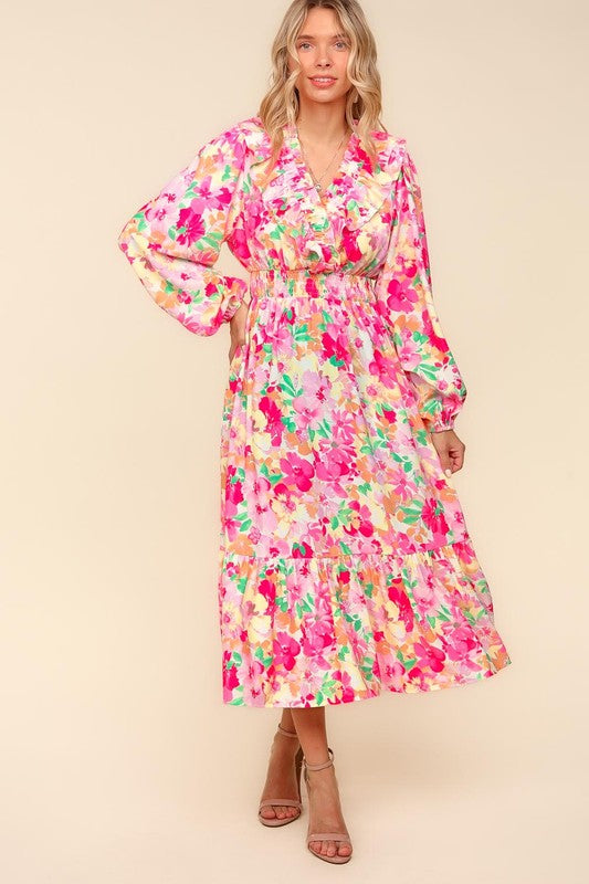 Haptics Full Size Floral Surplice Balloon Sleeve Dress with Side Pockets - Lunaria