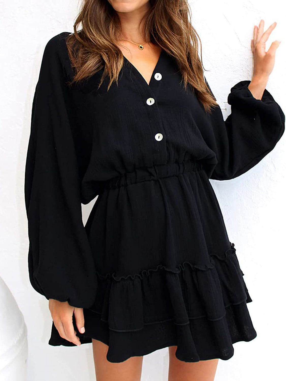 Ruffled Notched Balloon Sleeve Mini Dress - Lunaria