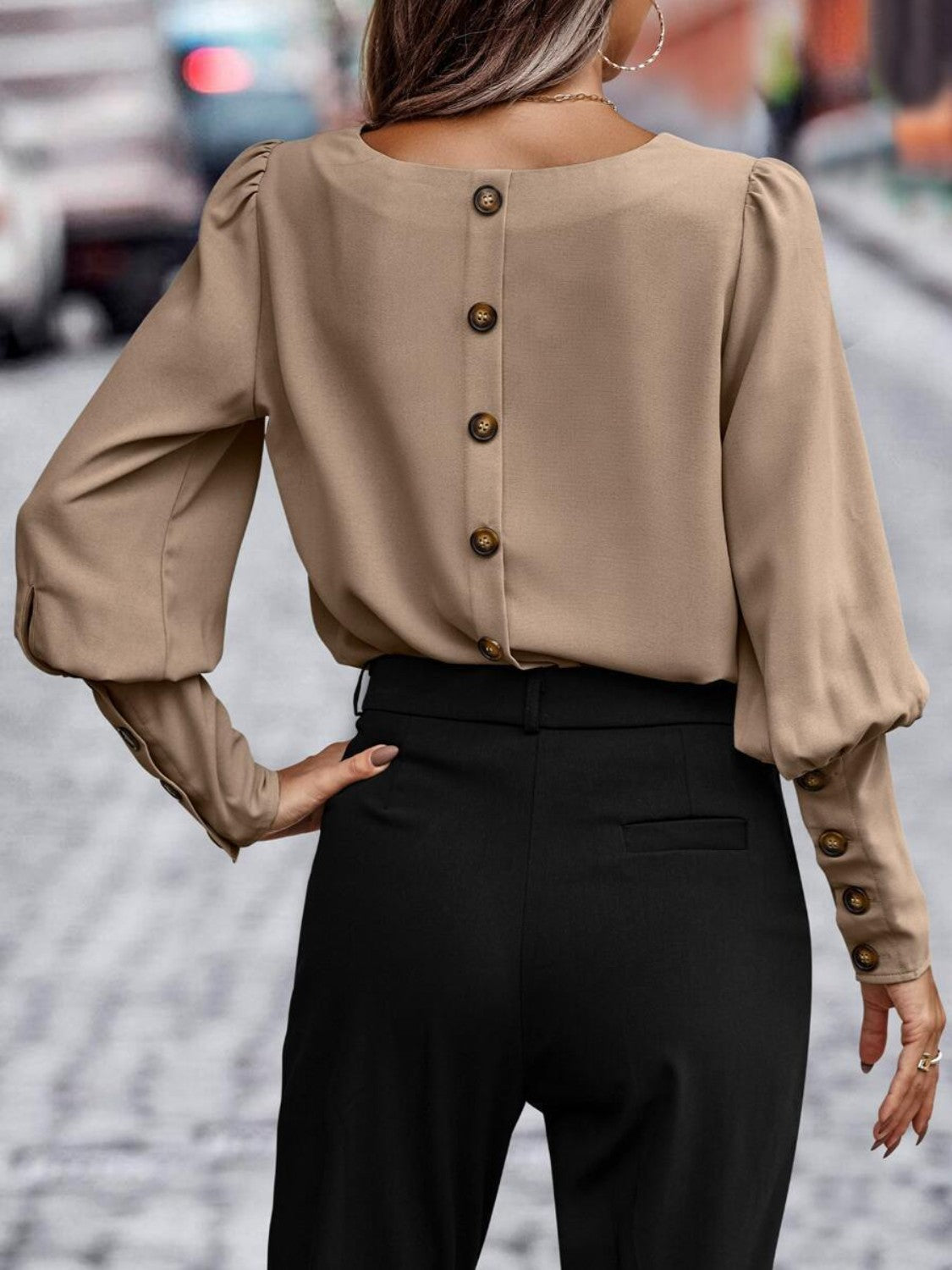 Round Neck Lantern Sleeve Blouse - Lunaria