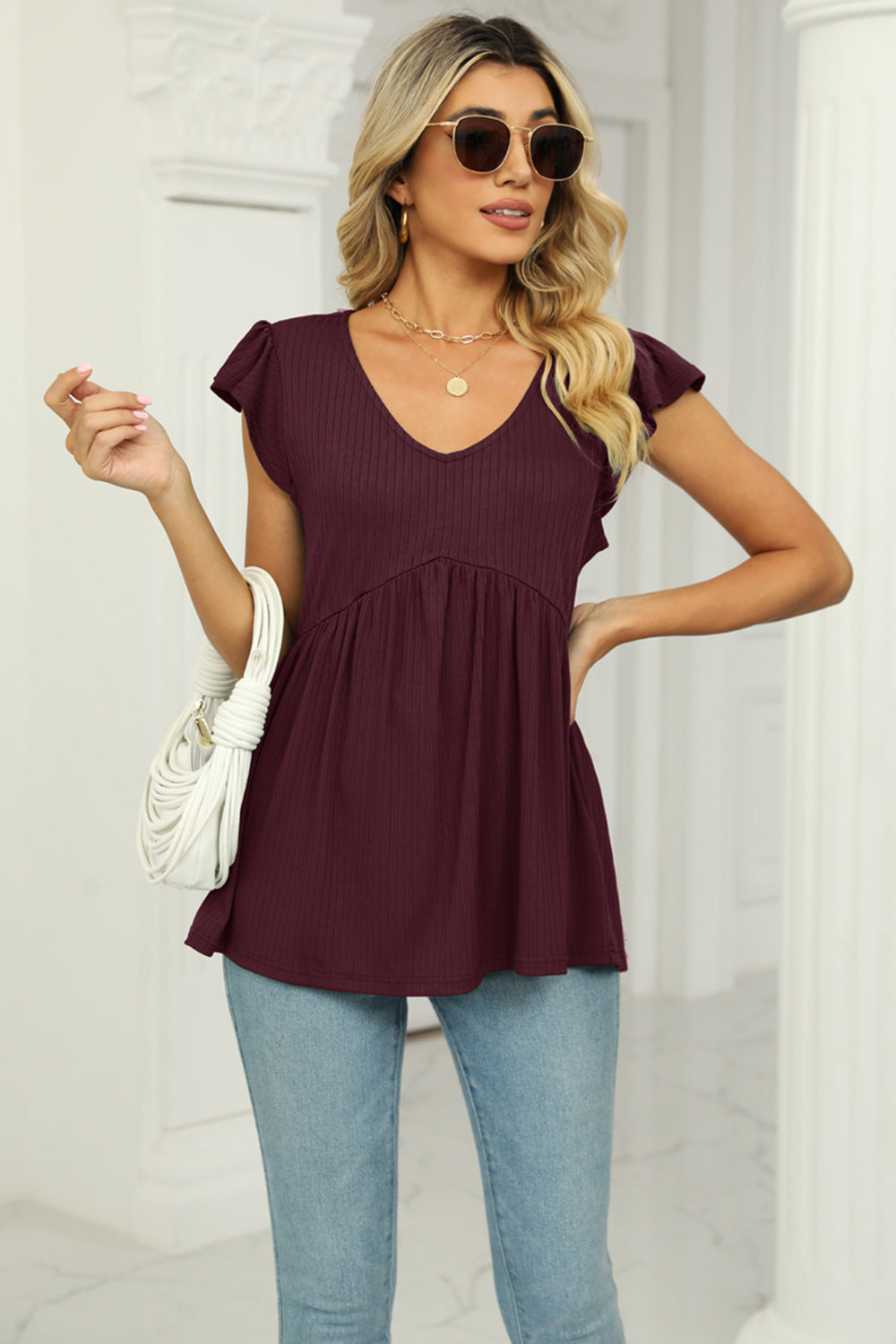 V-Neck Flutter Sleeve Babydoll Blouse - Lunaria