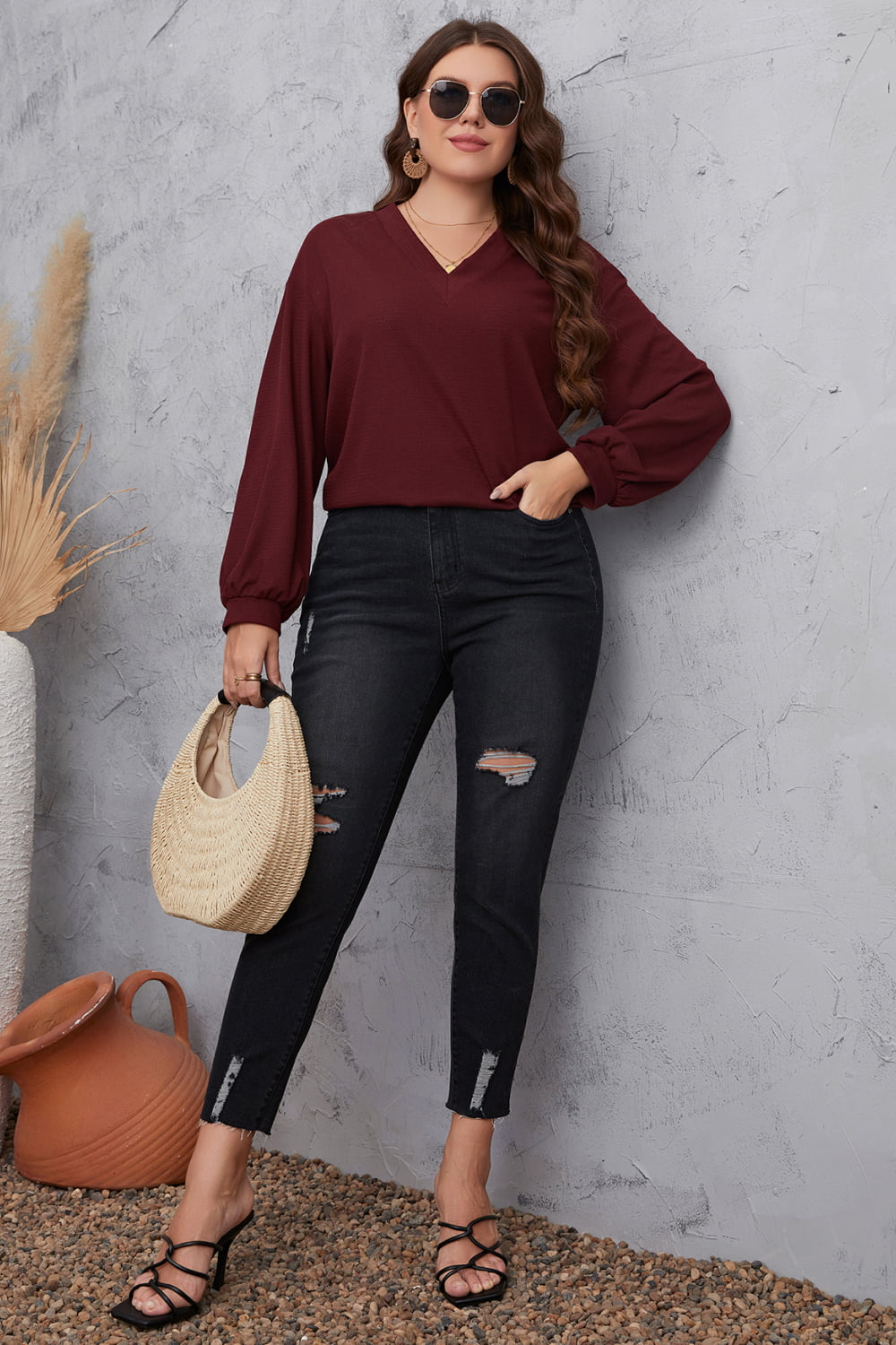 Honey Melo Apparel Plus Size V-Neck Dropped Shoulder Blouse - Lunaria