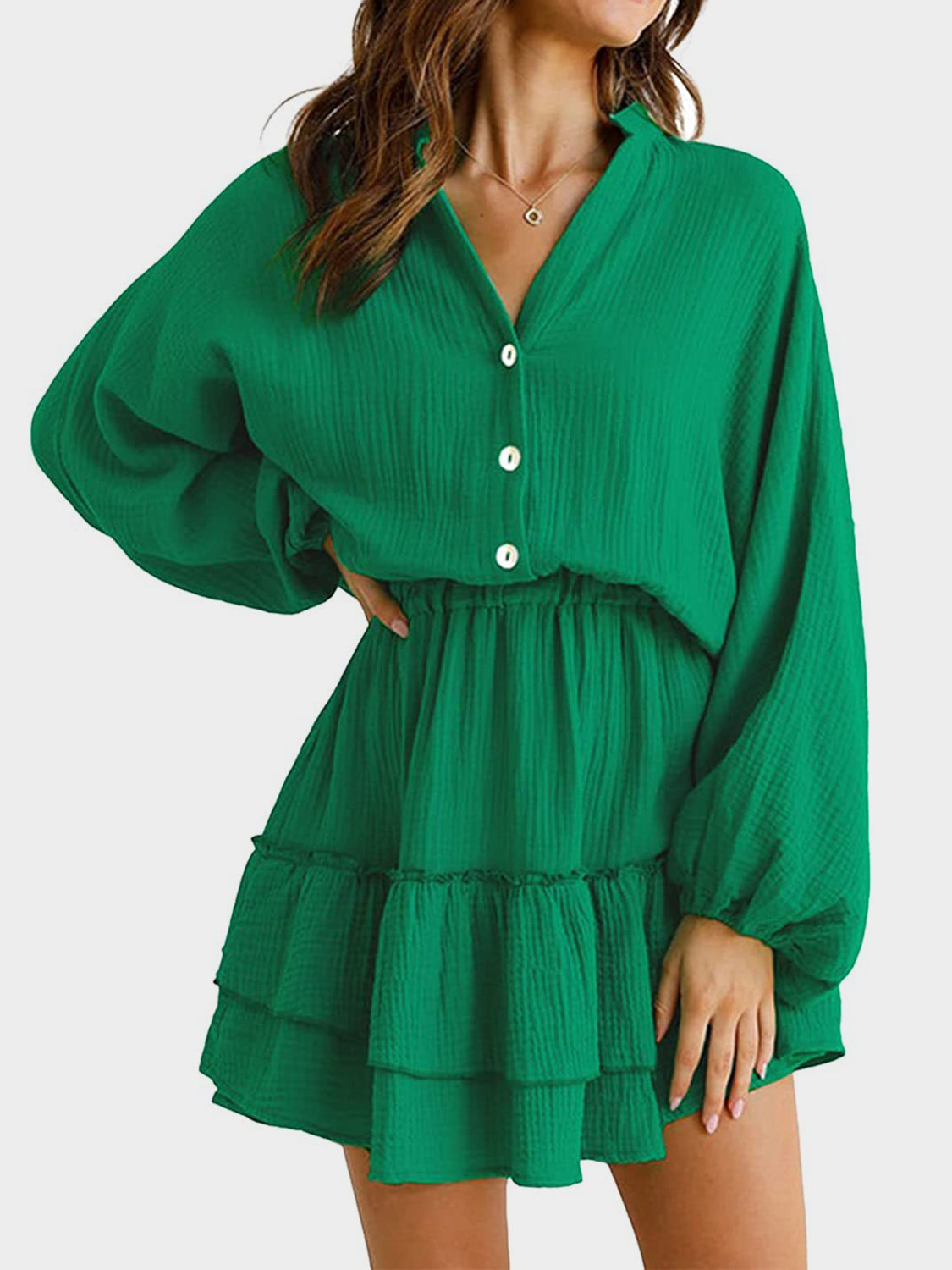 Ruffled Notched Balloon Sleeve Mini Dress - Lunaria