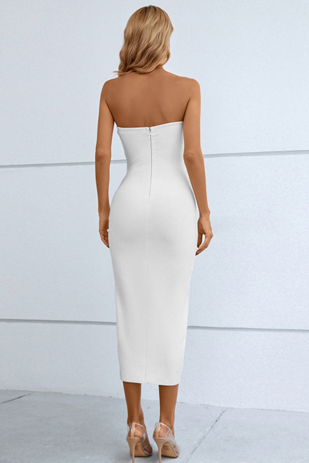 Cutout Strapless Drawstring Detail Split Bandage Dress - Lunaria