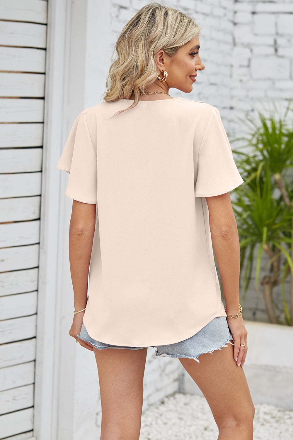 V-Neck Flutter Sleeve Blouse - Lunaria