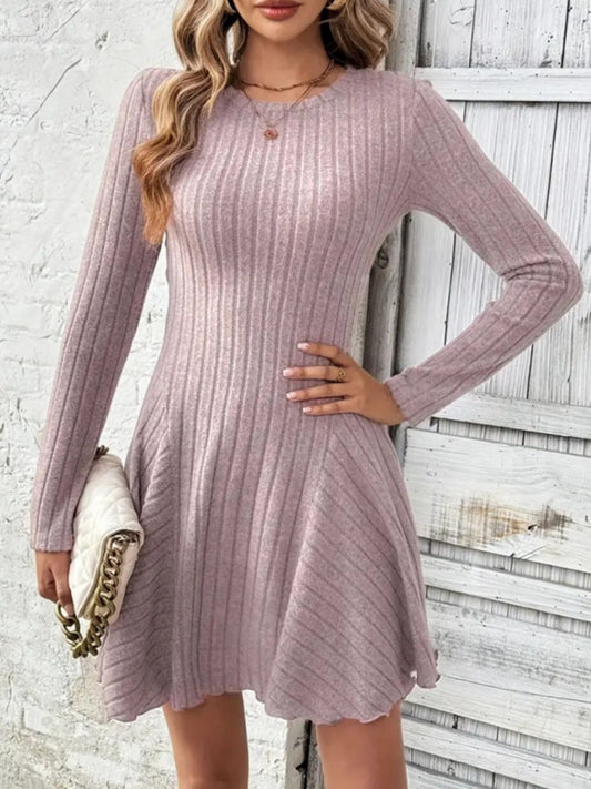 Ribbed Round Neck Long Sleeve Mini Dress - Lunaria