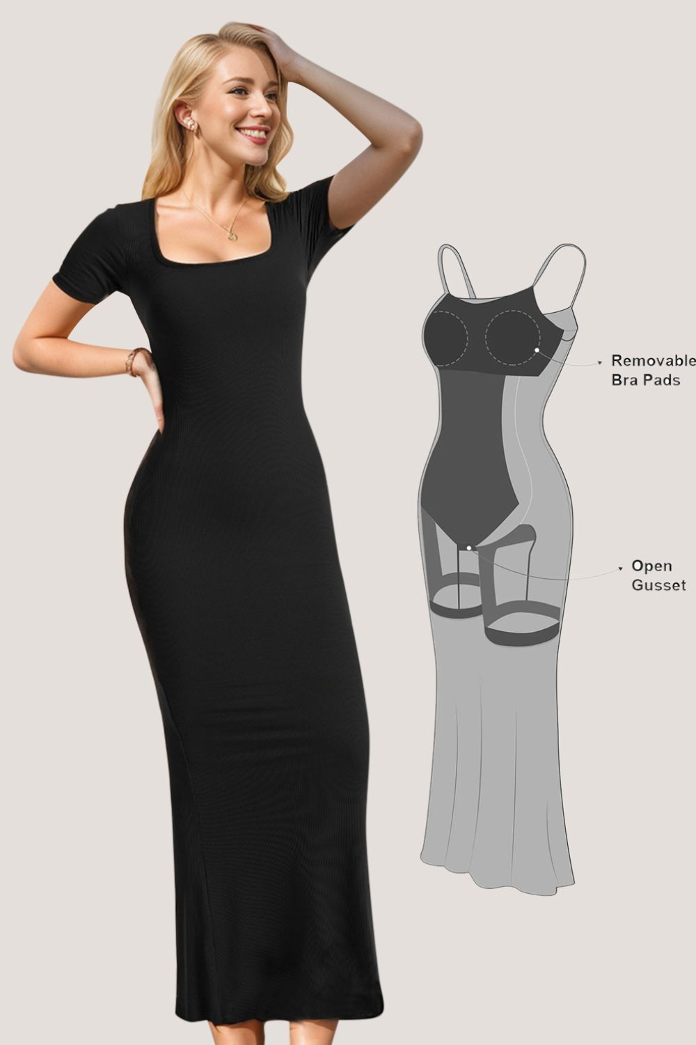 Basic Bae Built-In Shapewear Square Neck Short Sleeve Maxi Dress - Lunaria