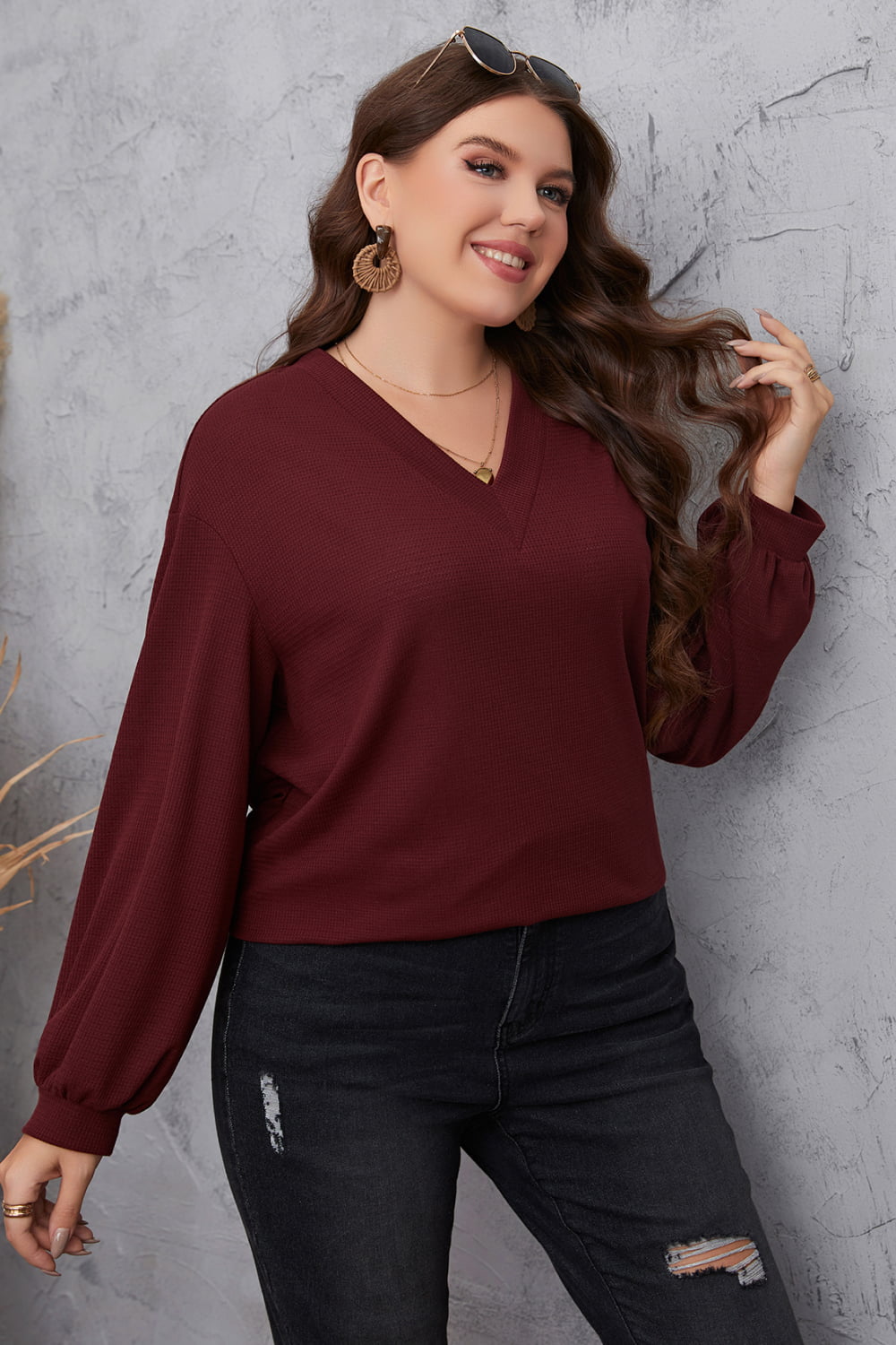 Honey Melo Apparel Plus Size V-Neck Dropped Shoulder Blouse - Lunaria