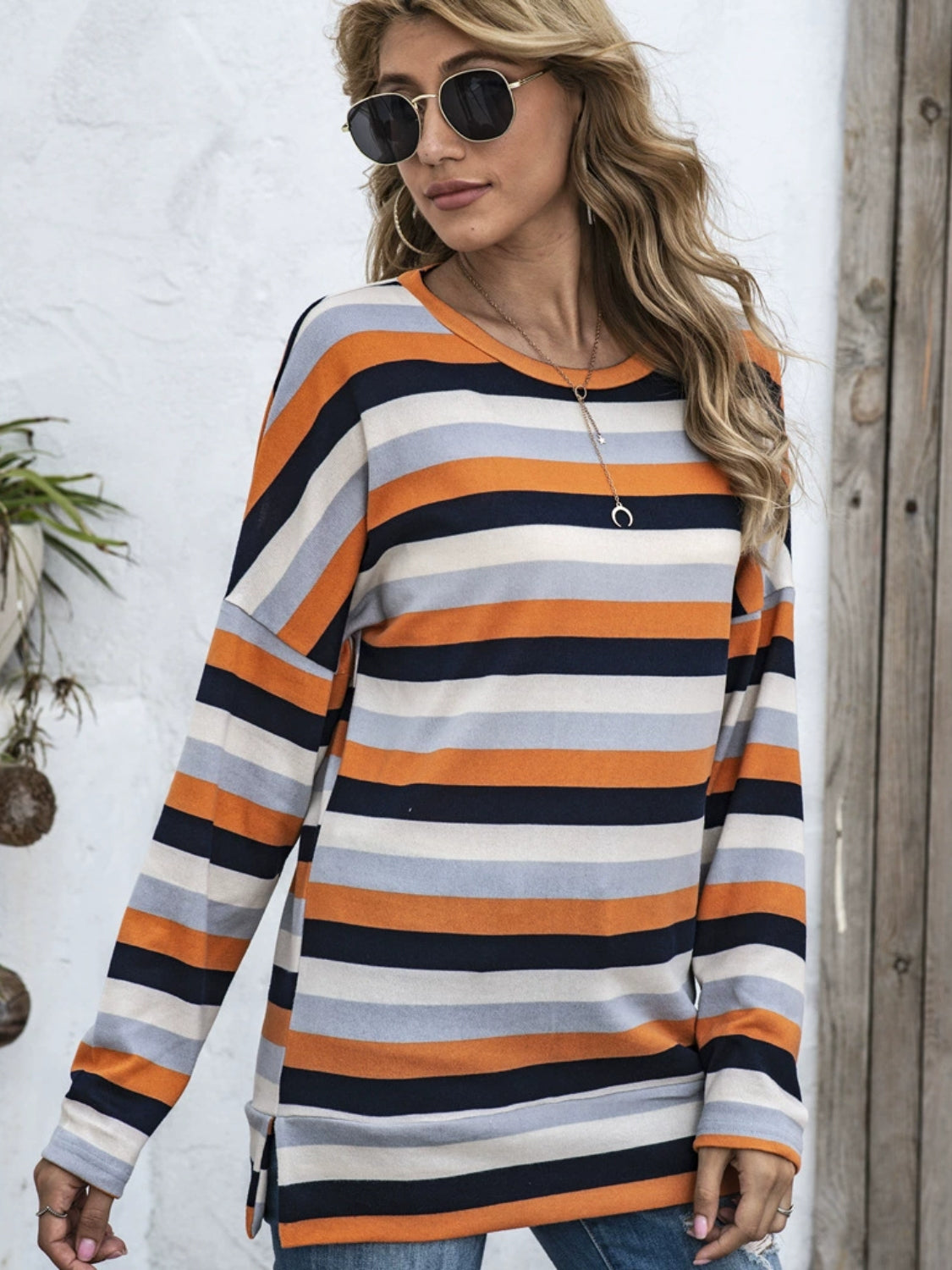 Full Size Striped Round Neck Long Sleeve T-Shirt Plus Size - Lunaria