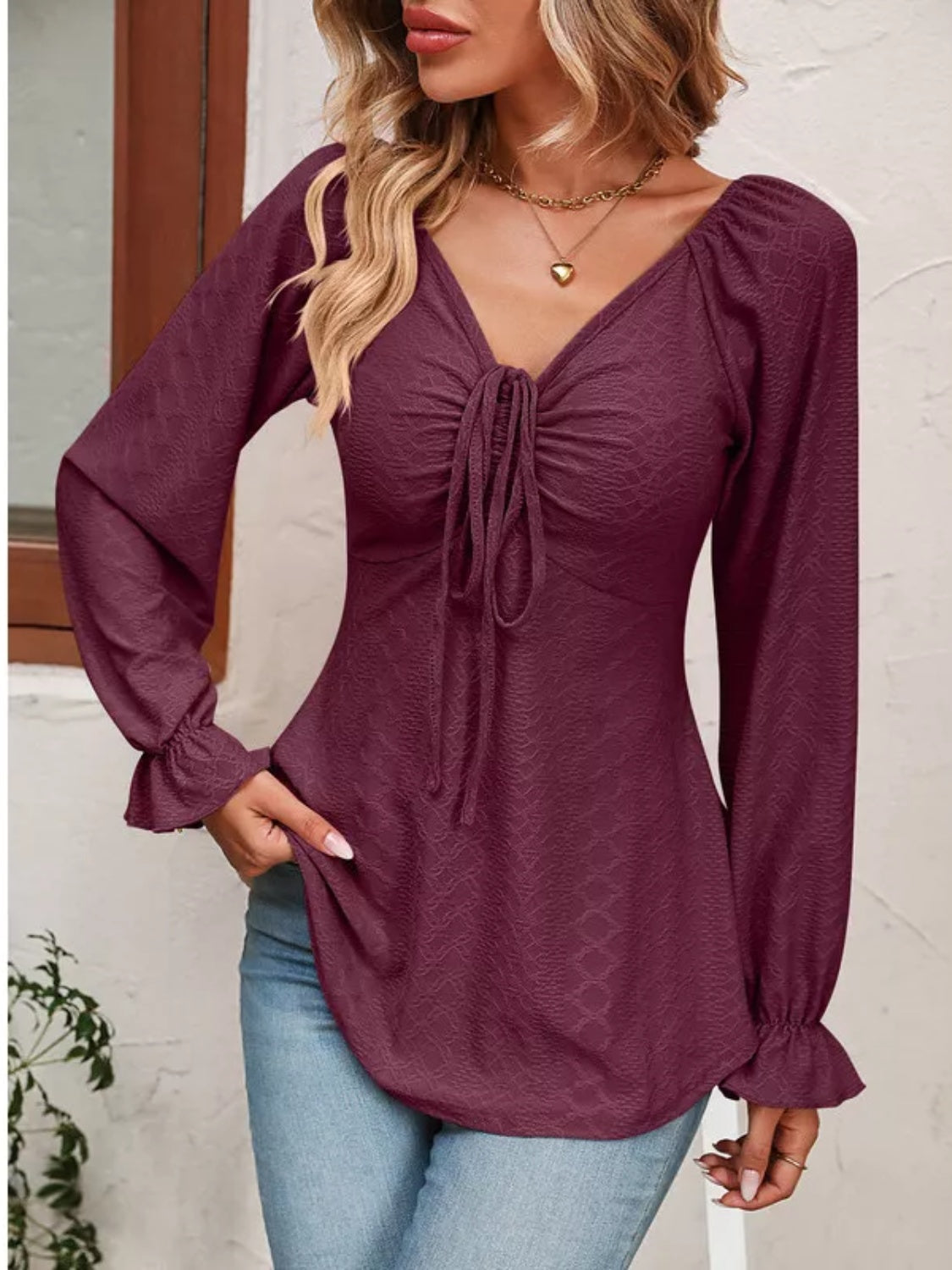 Full Size Drawstring Ruffled V-Neck Long Sleeve Blouse - Lunaria