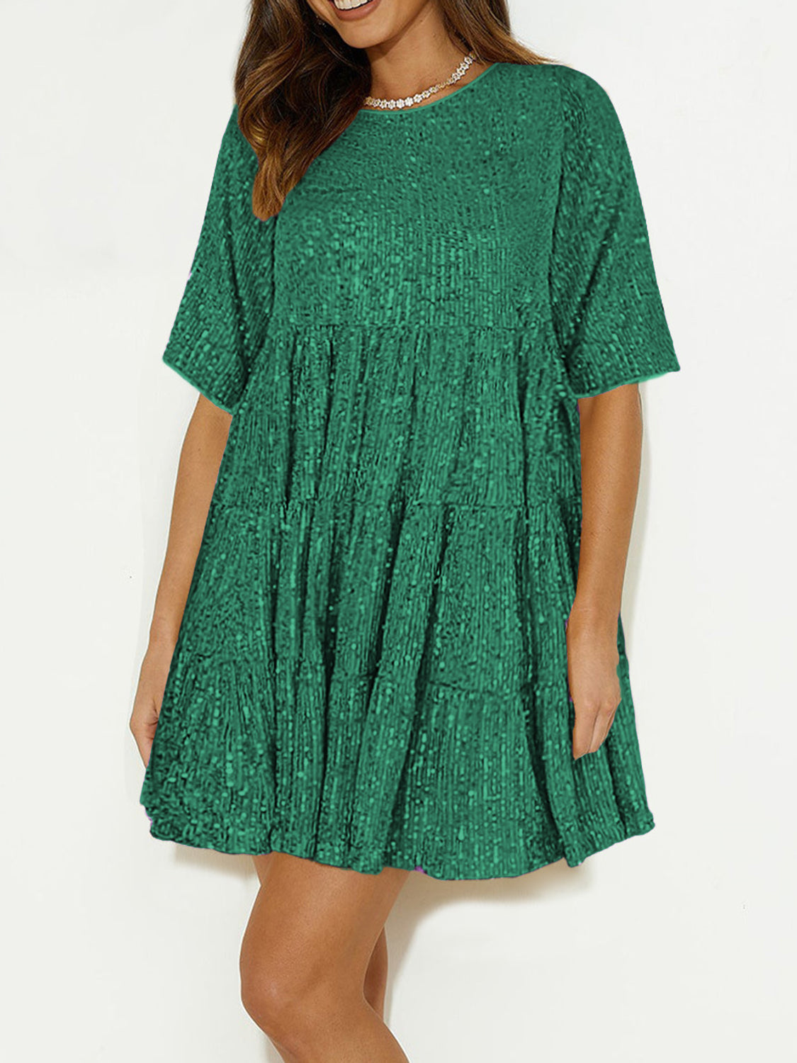 Sequin Round Neck Half Sleeve Mini Dress - Lunaria