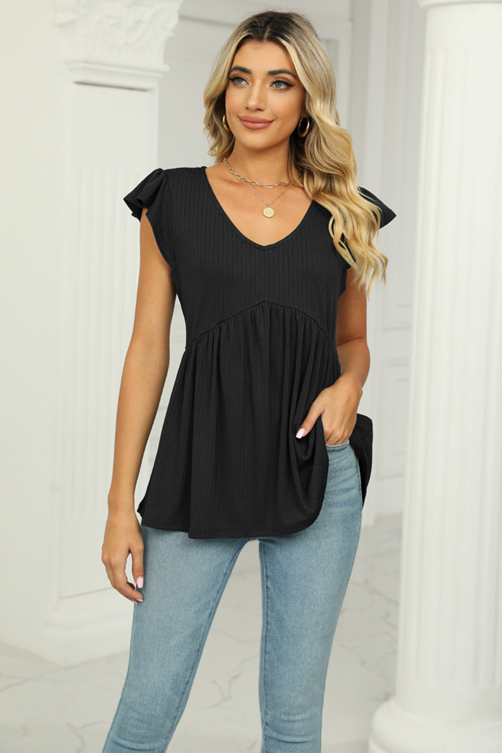 V-Neck Flutter Sleeve Babydoll Blouse - Lunaria