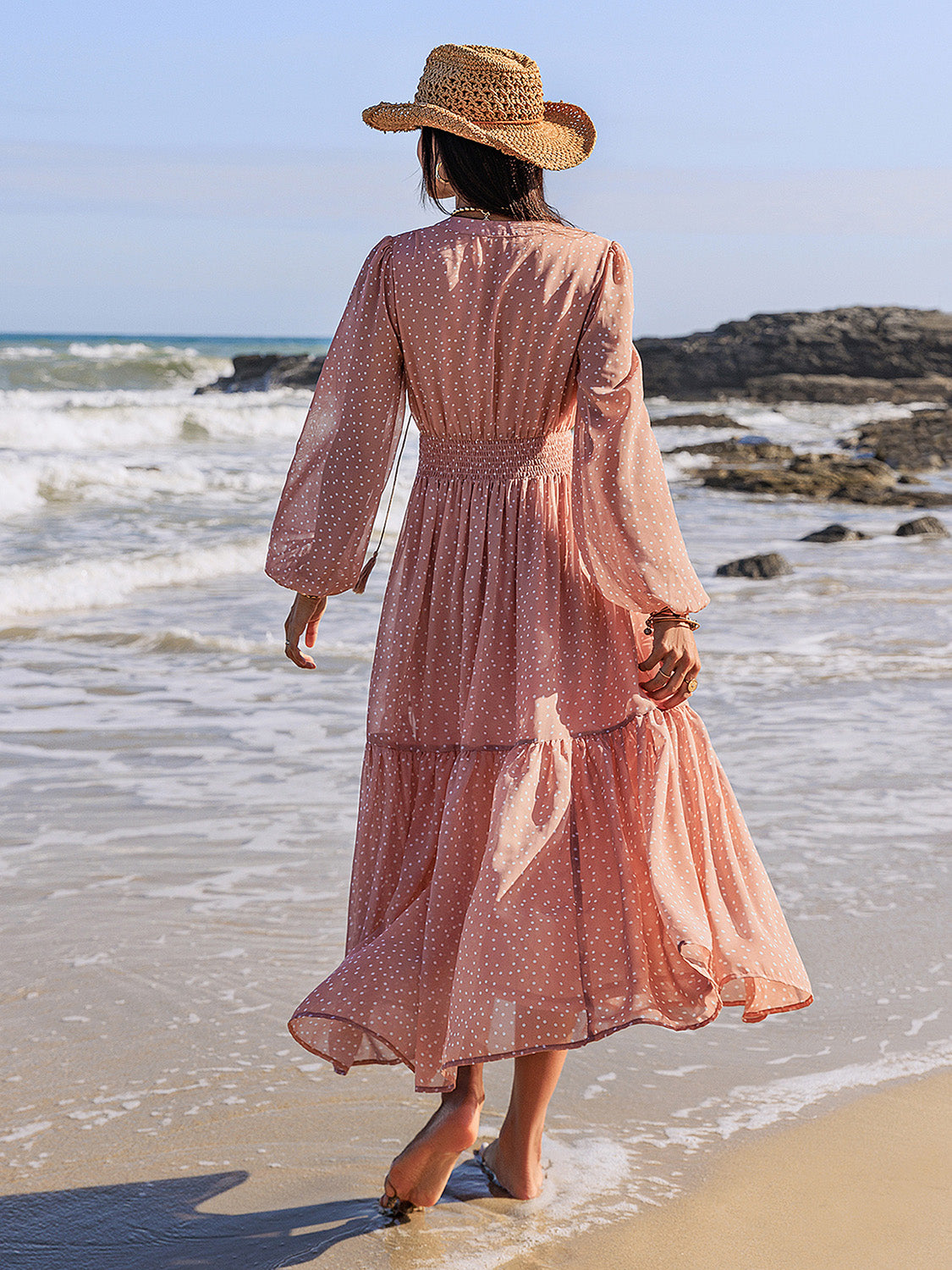 Embroidered Polka Dot Tie Neck Long Sleeve Midi Dress - Lunaria