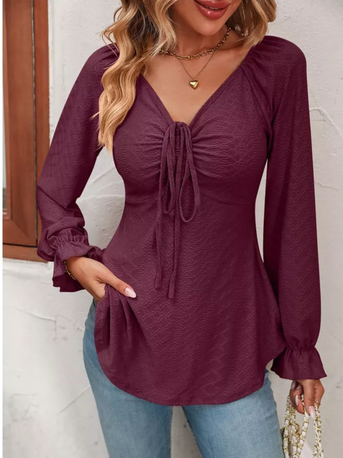 Full Size Drawstring Ruffled V-Neck Long Sleeve Blouse - Lunaria