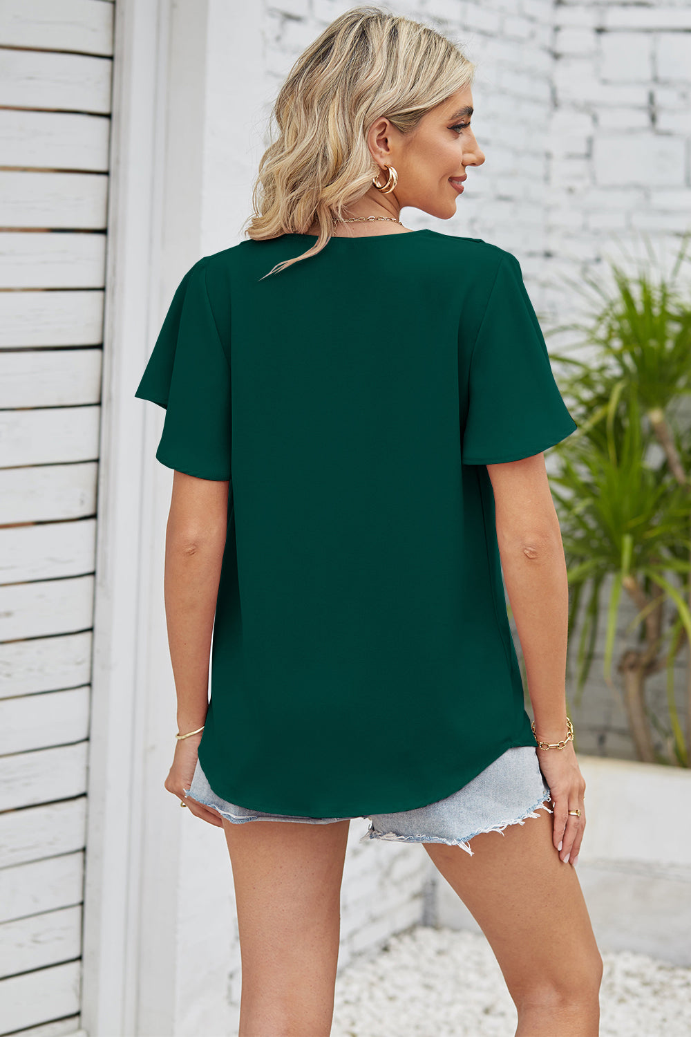 V-Neck Flutter Sleeve Blouse - Lunaria