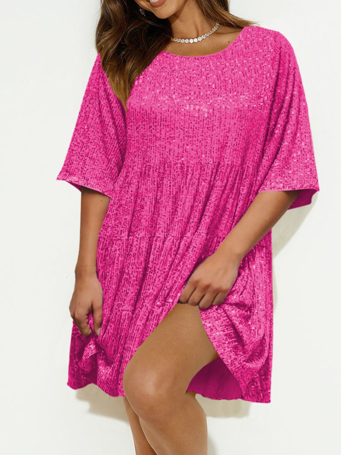 Sequin Round Neck Half Sleeve Mini Dress - Lunaria