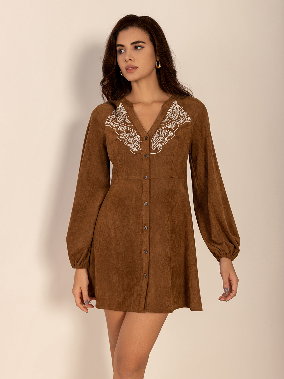 Notched Button Down Long Sleeve Mini Dress - Lunaria