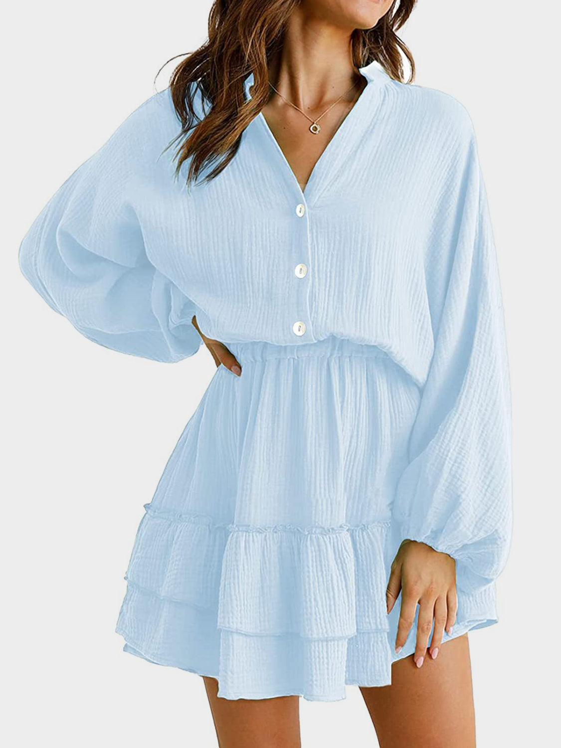 Ruffled Notched Balloon Sleeve Mini Dress - Lunaria