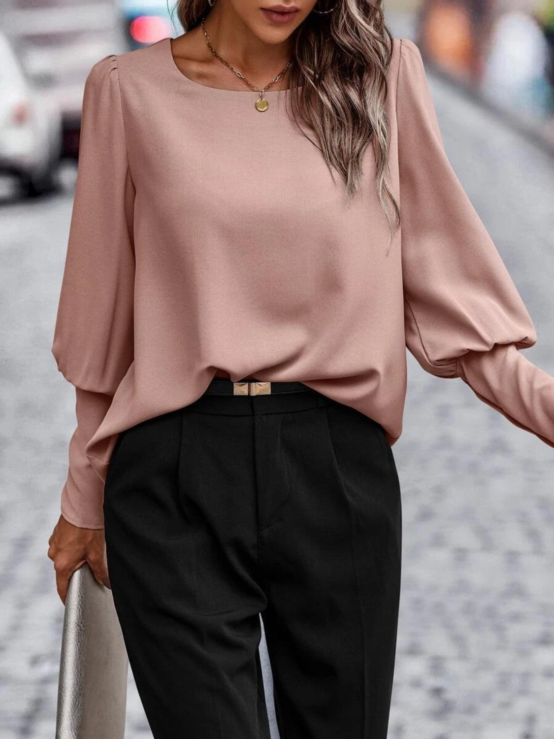 Round Neck Lantern Sleeve Blouse - Lunaria