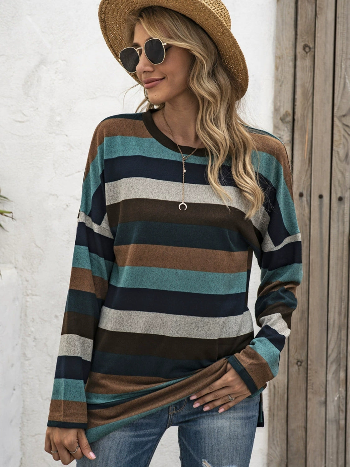 Full Size Striped Round Neck Long Sleeve T-Shirt Plus Size - Lunaria