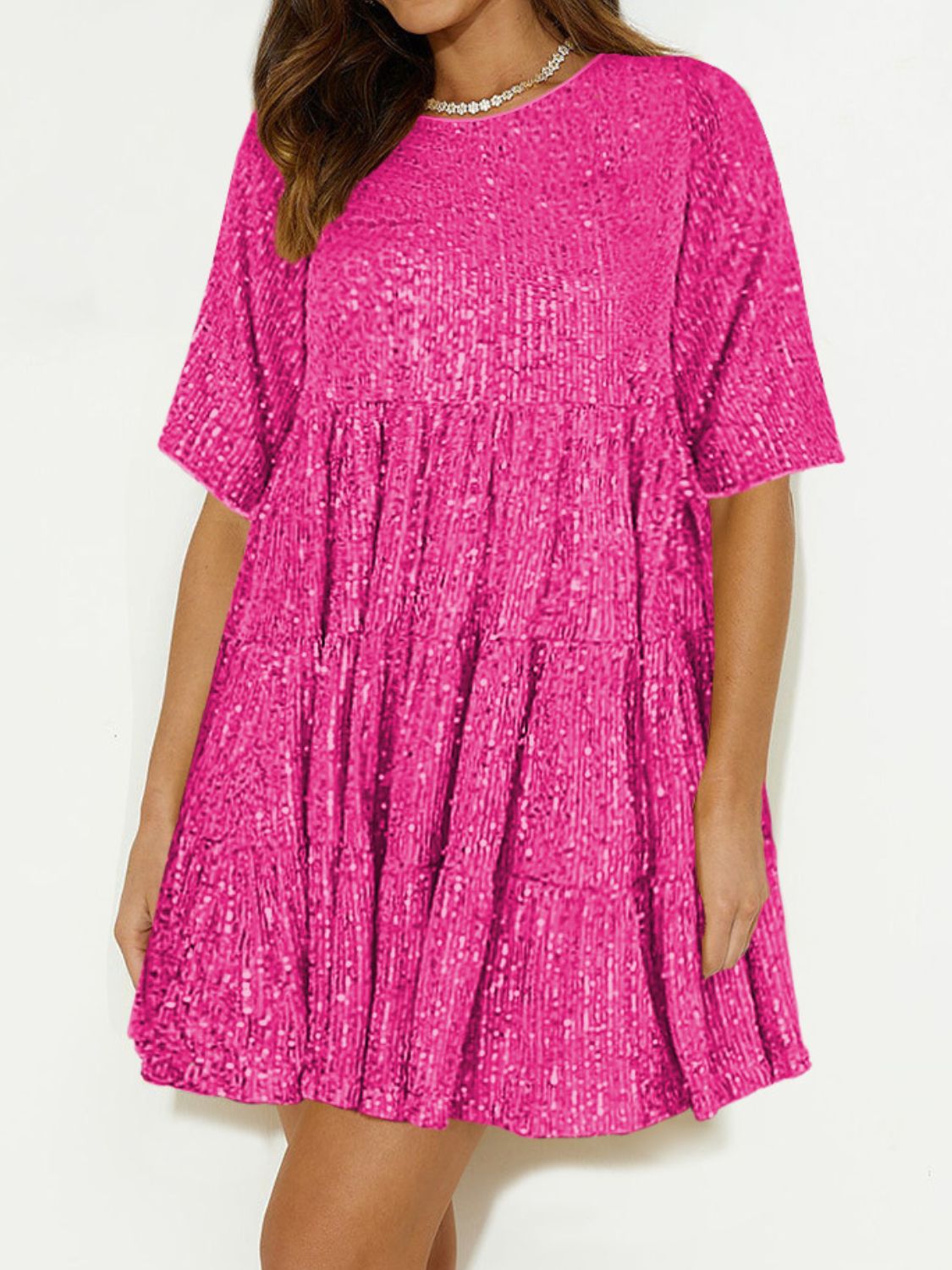 Sequin Round Neck Half Sleeve Mini Dress - Lunaria