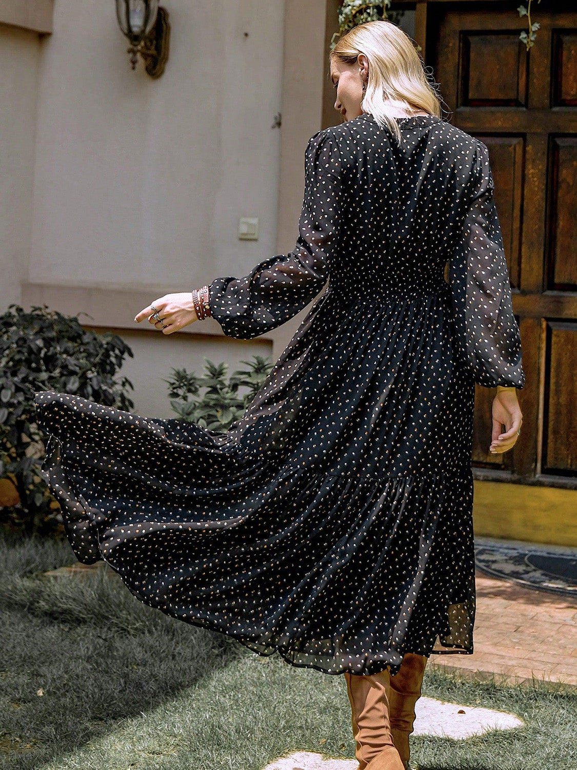 Embroidered Polka Dot Tie Neck Long Sleeve Midi Dress - Lunaria