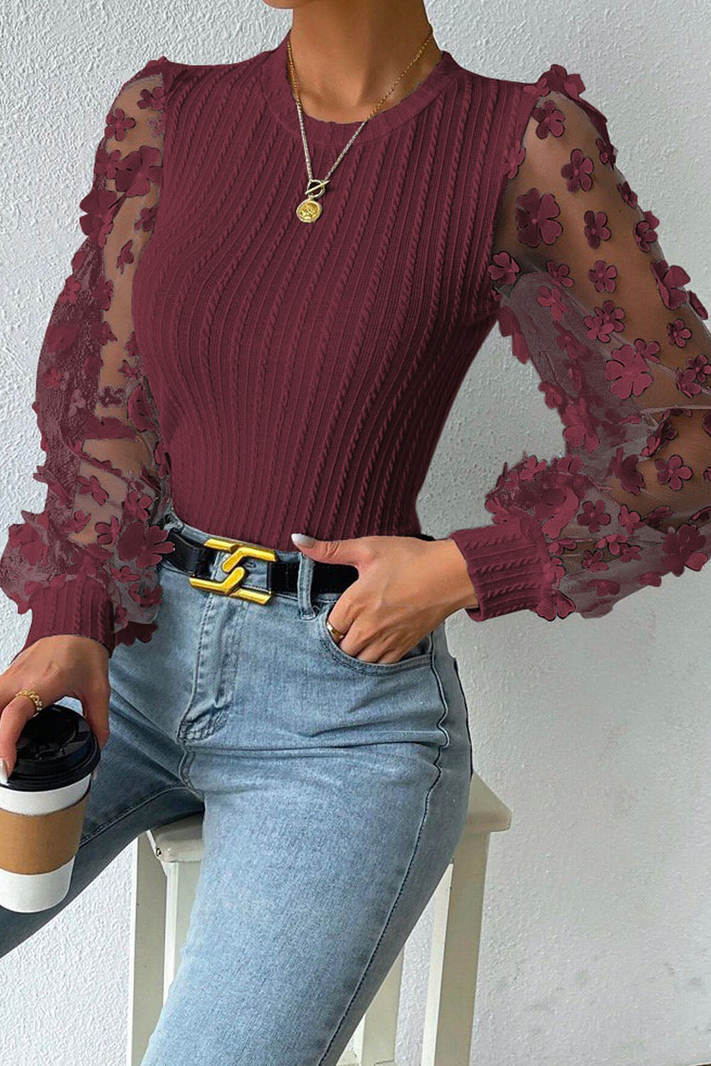 Textured Applique Long Sleeve Blouse - Lunaria