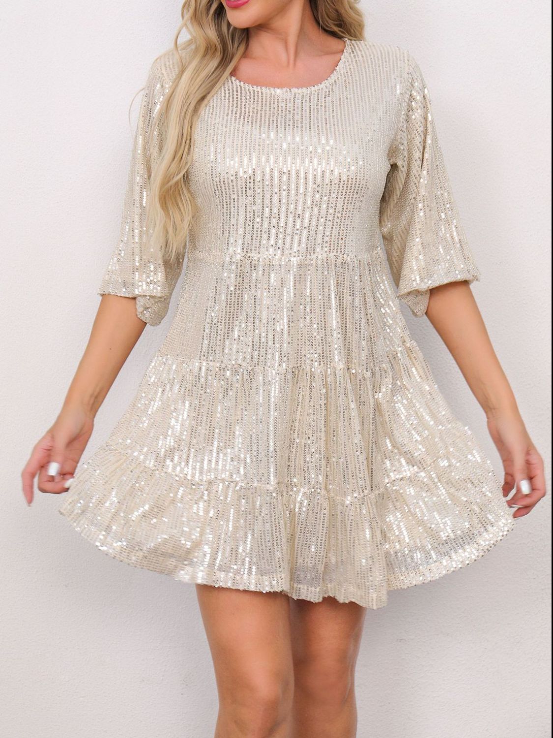 Sequin Round Neck Half Sleeve Mini Dress - Lunaria