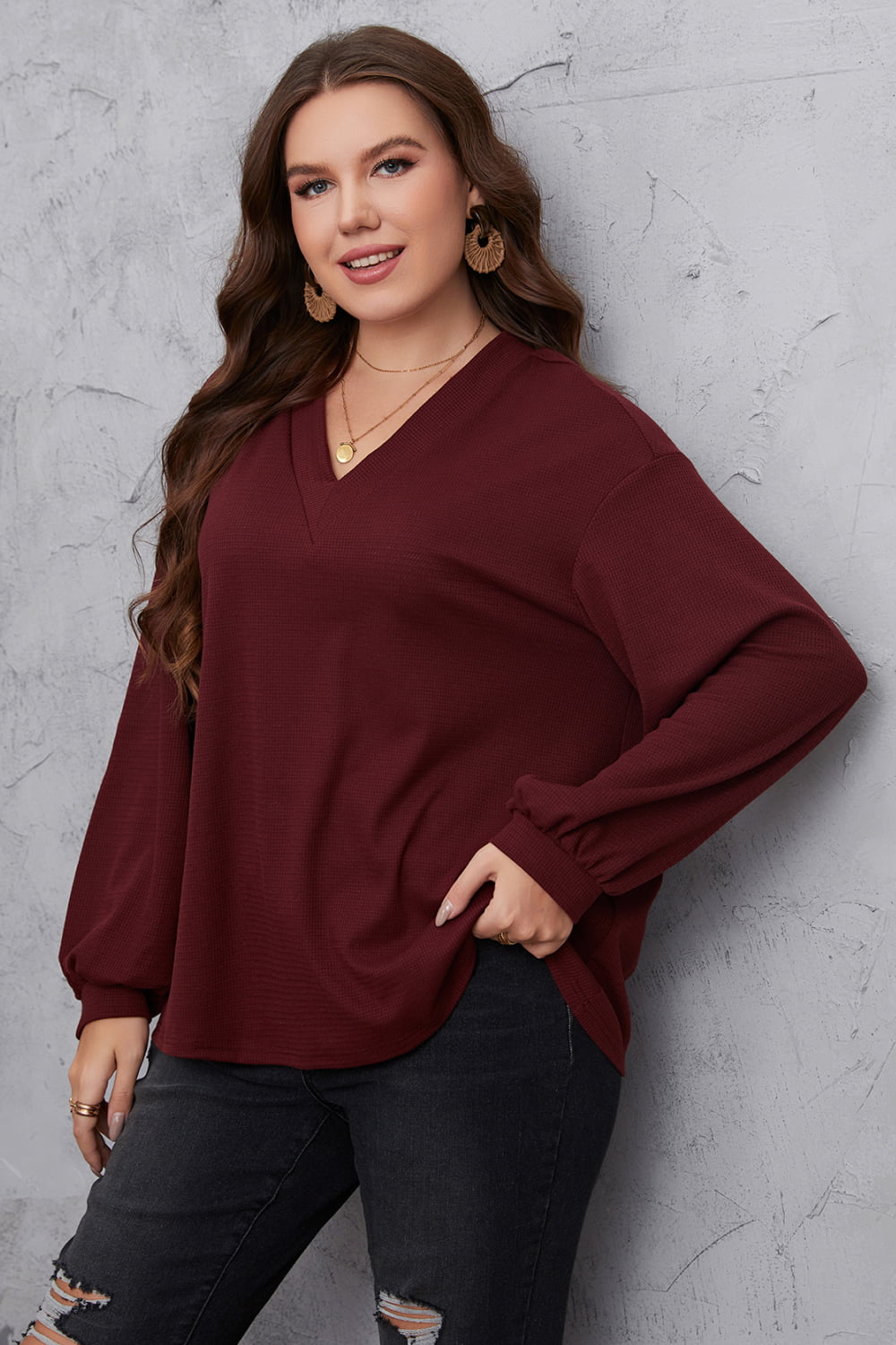 Honey Melo Apparel Plus Size V-Neck Dropped Shoulder Blouse - Lunaria