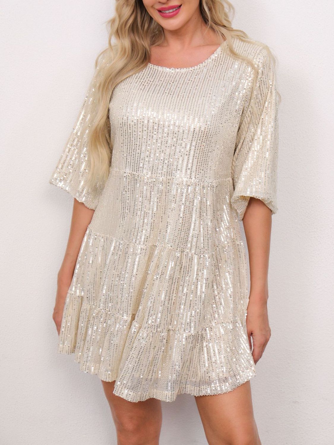 Sequin Round Neck Half Sleeve Mini Dress - Lunaria