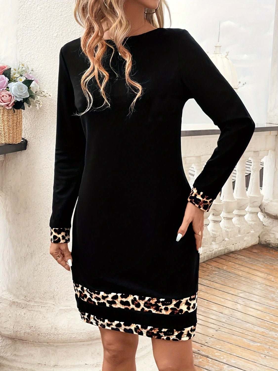 Leopard Trim Round Neck Long Sleeve Mini Dress - Lunaria