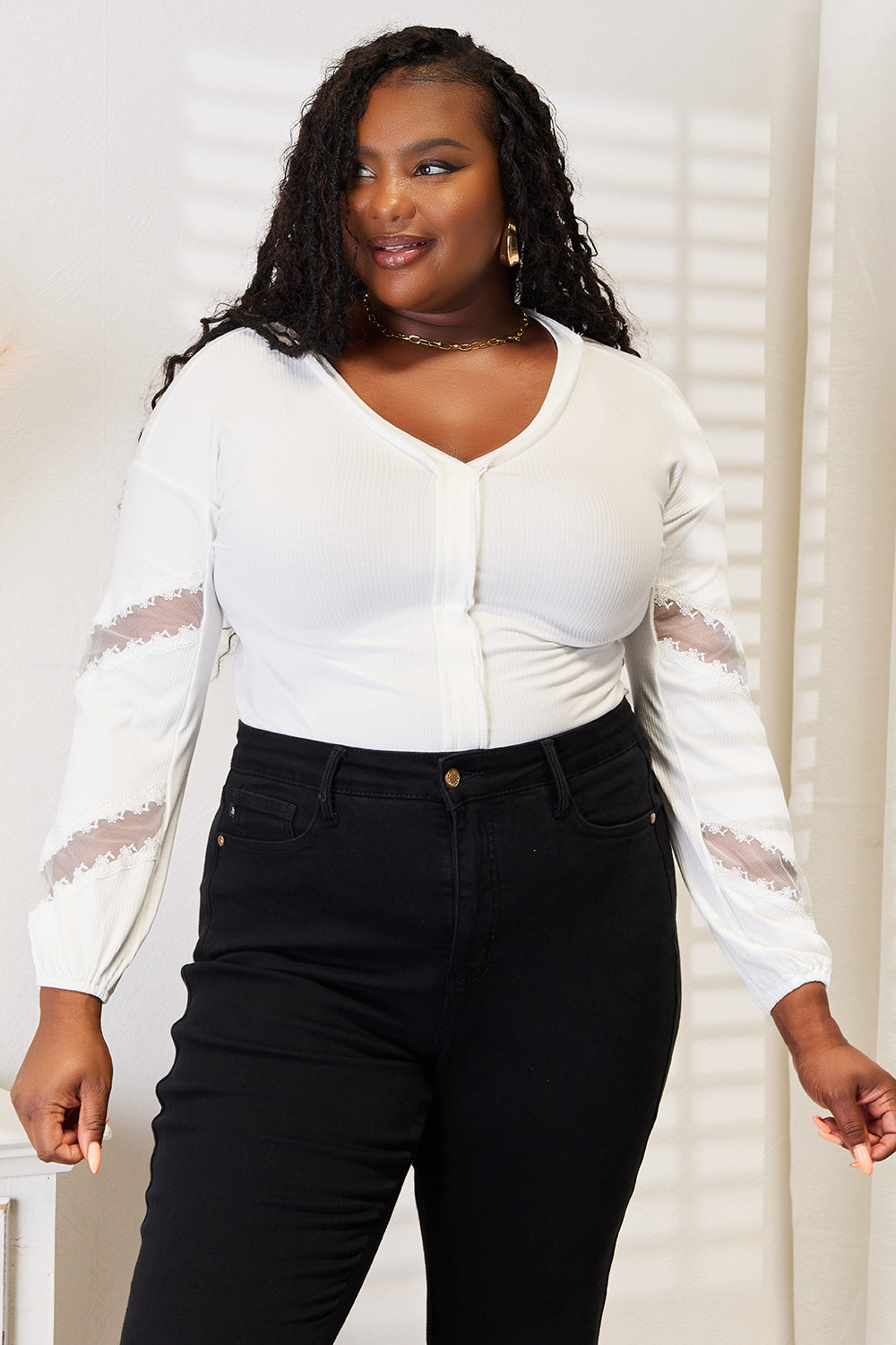 Double Take V-Neck Dropped Shoulder Blouse - Lunaria