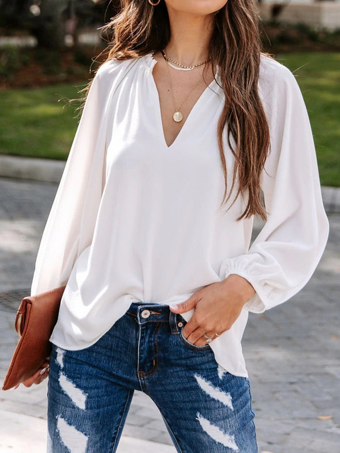 Ruched Notched Balloon Sleeve Blouse - Lunaria