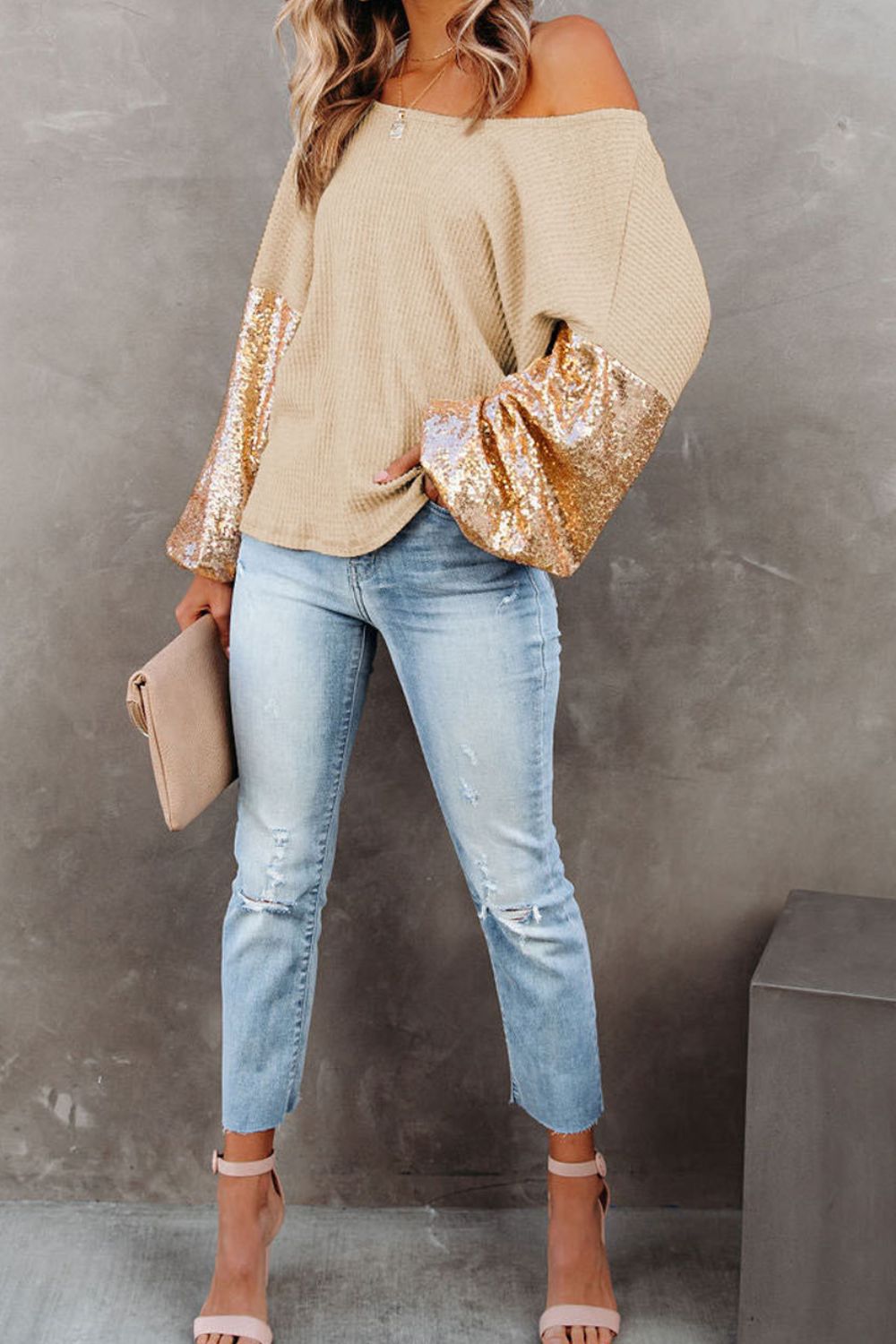 Sequin Waffle-Knit Blouse - Lunaria