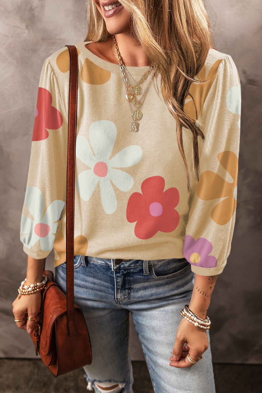 Flower Round Neck Long Sleeve Blouse - Lunaria