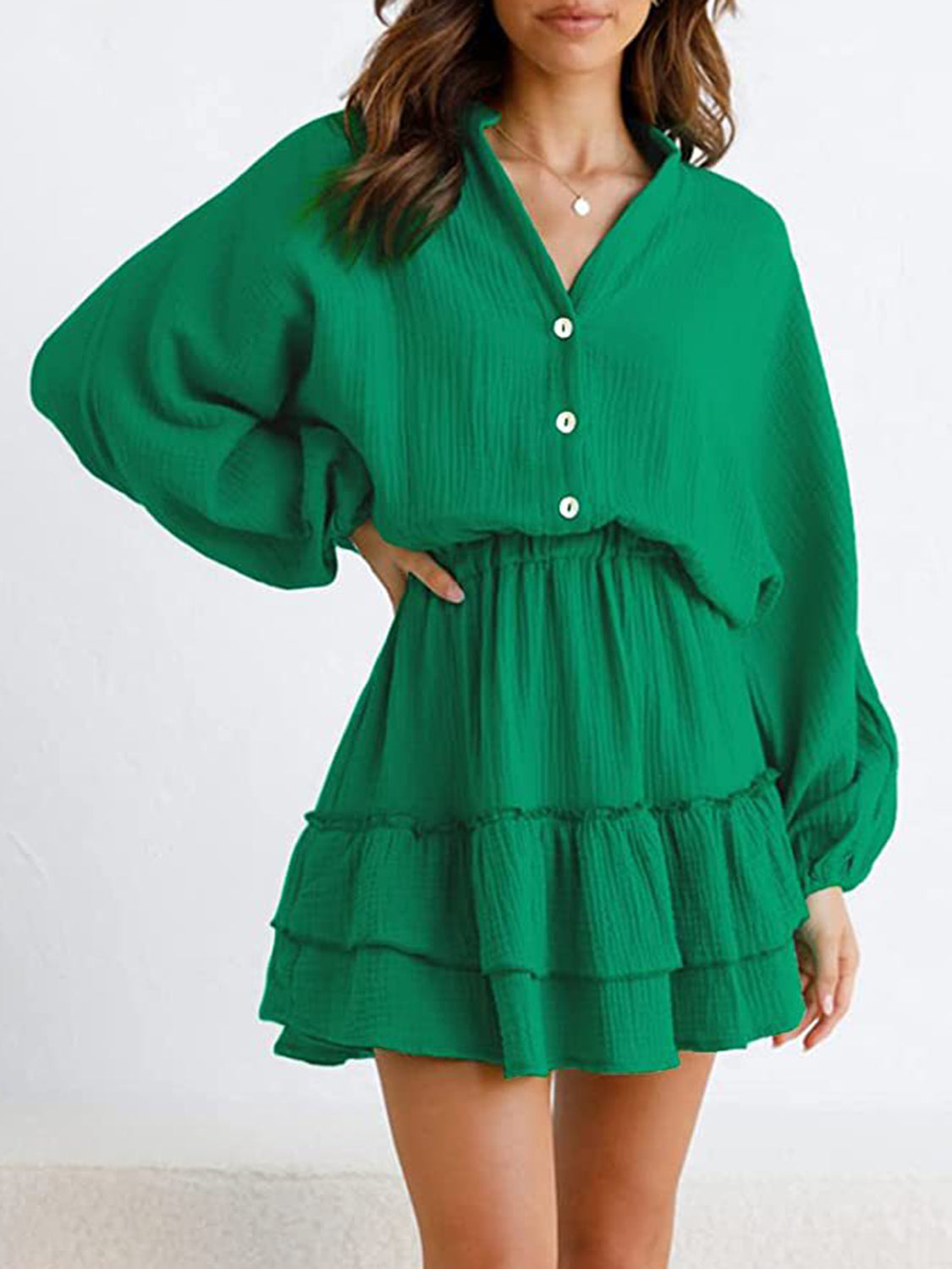 Ruffled Notched Balloon Sleeve Mini Dress - Lunaria