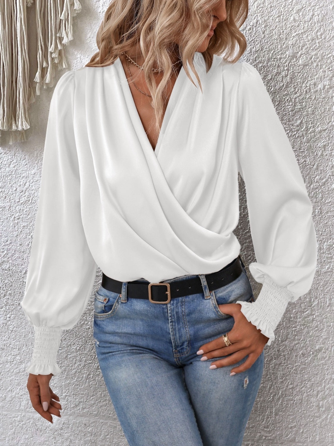 Surplice Smocked Lantern Sleeve Blouse - Lunaria