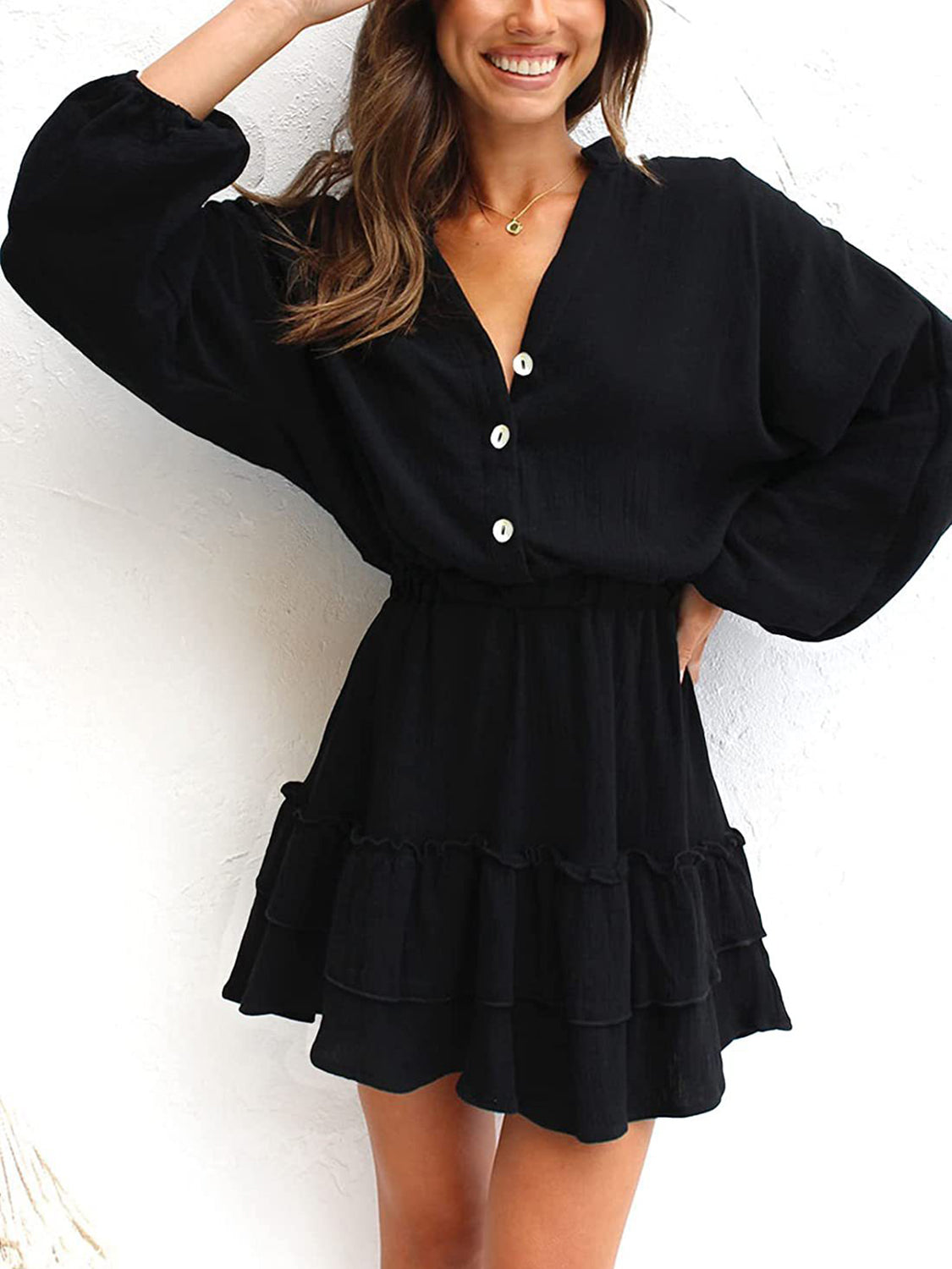 Ruffled Notched Balloon Sleeve Mini Dress - Lunaria