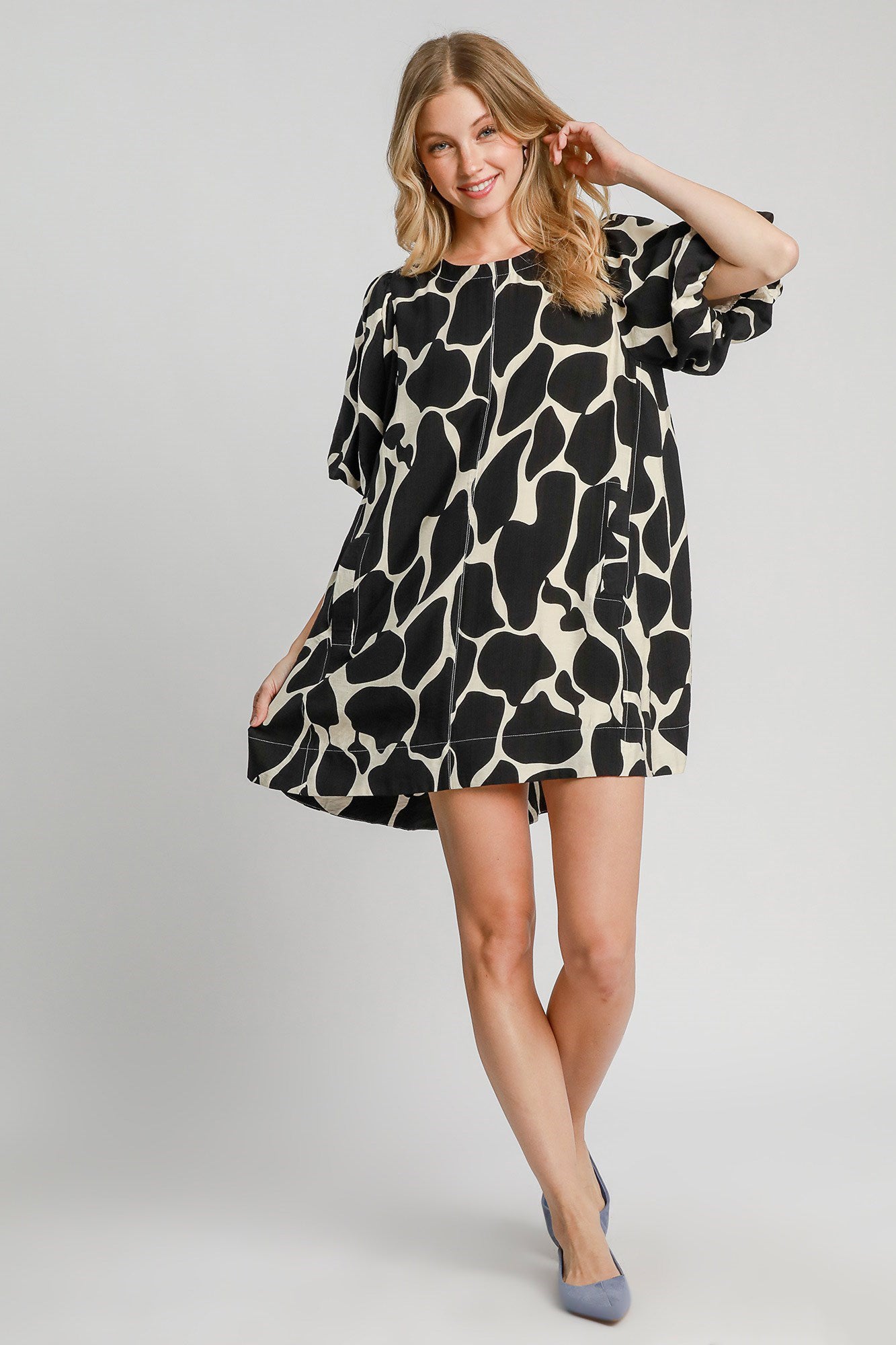 Umgee Full Size Two Tone Abstract Print Puff Sleeve Dress Plus Size - Lunaria