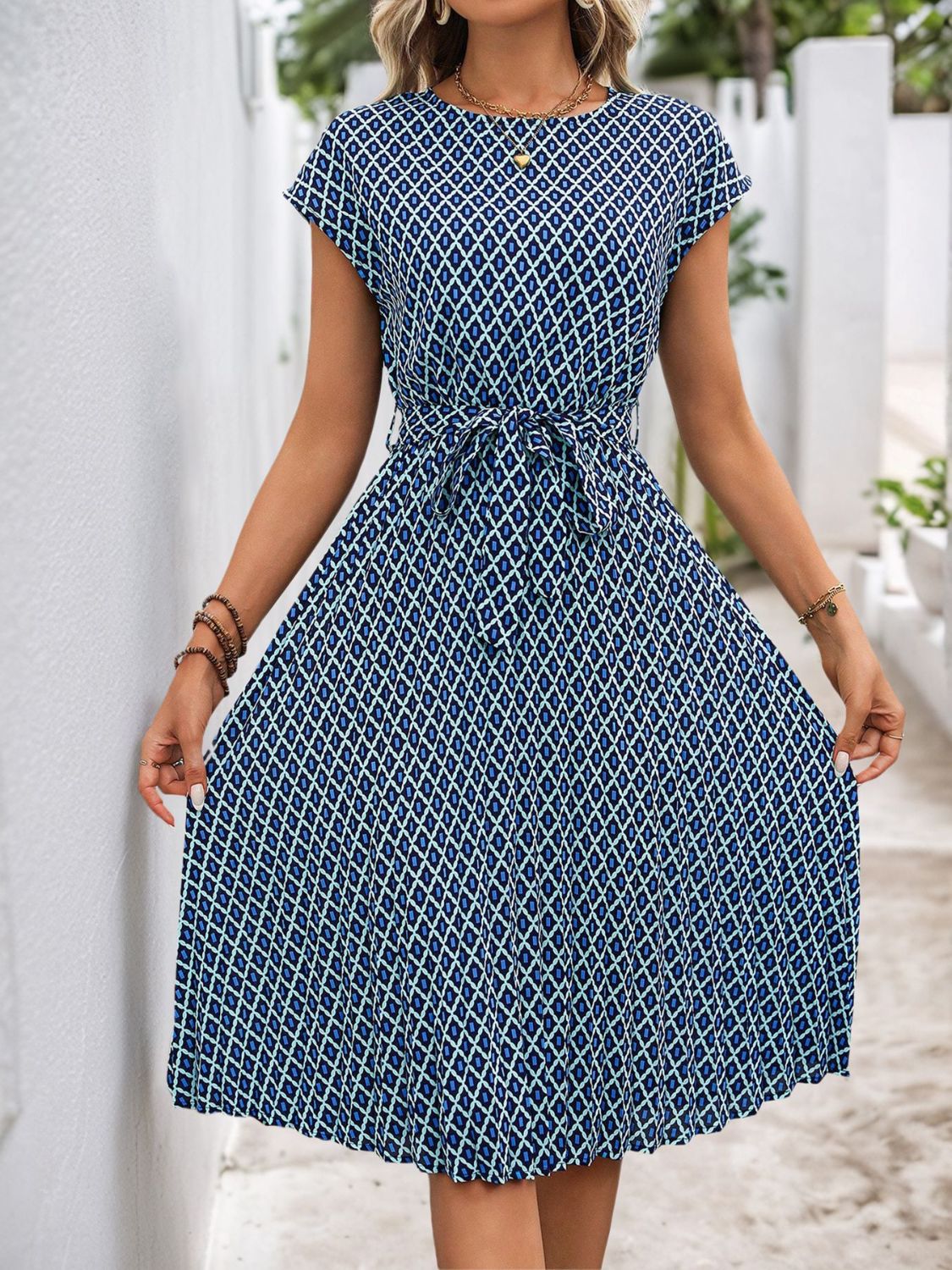 Perfee Printed Round Neck Short Sleeve Midi Dress - Lunaria