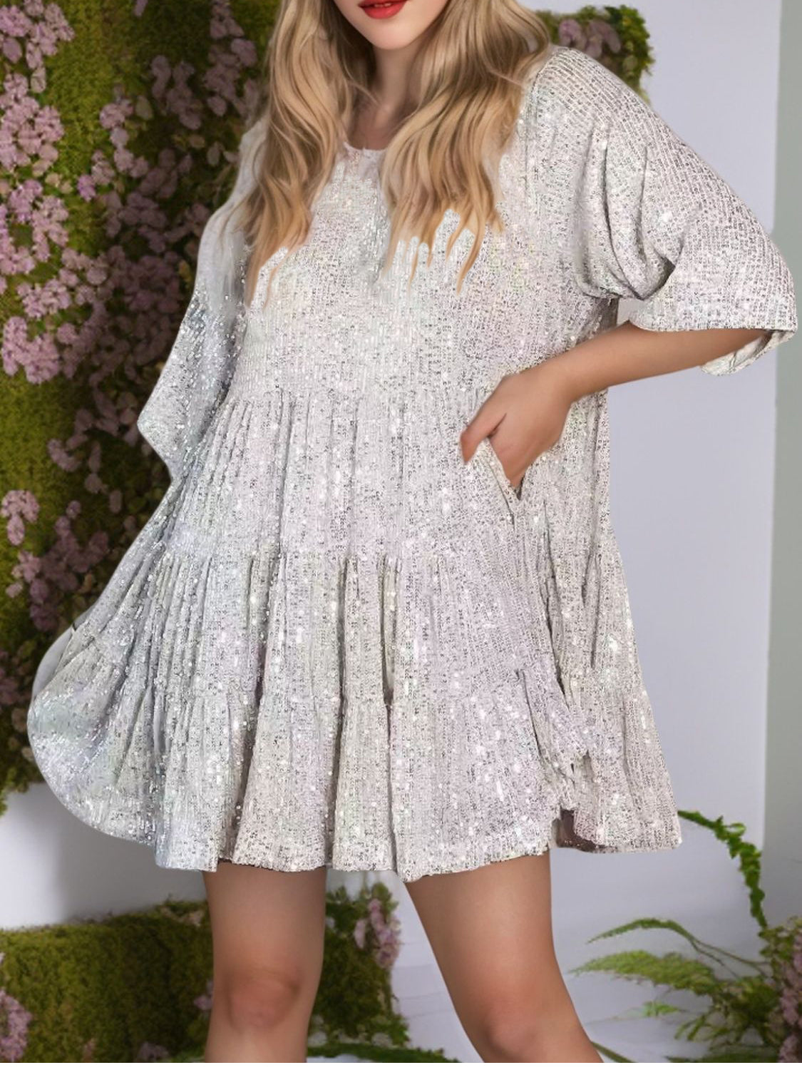 Sequin Round Neck Half Sleeve Mini Dress - Lunaria