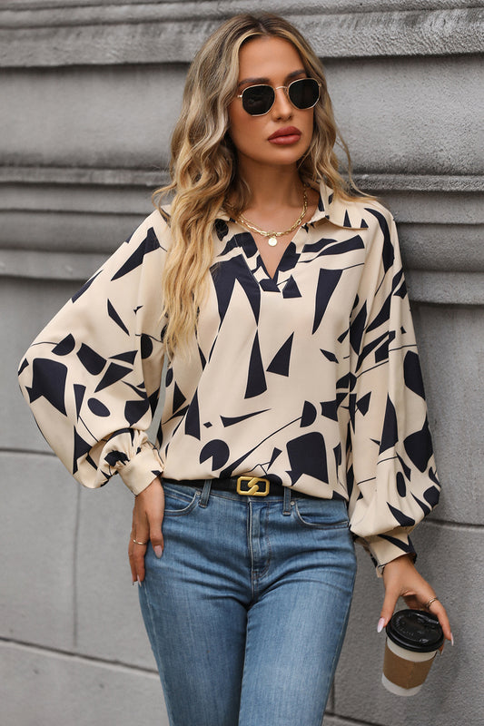 Perfee Printed Johnny Collar Blouse - Lunaria