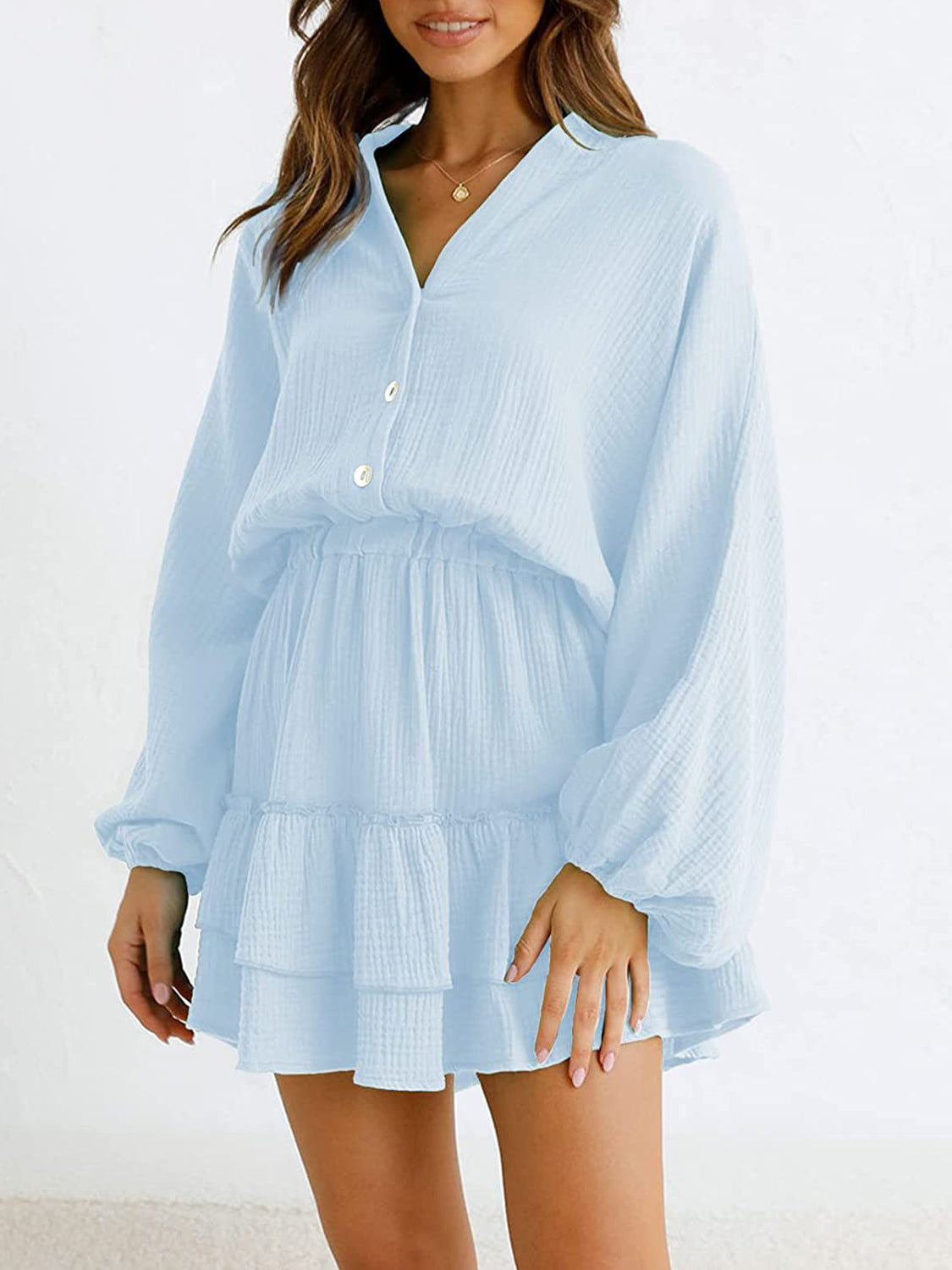 Ruffled Notched Balloon Sleeve Mini Dress - Lunaria