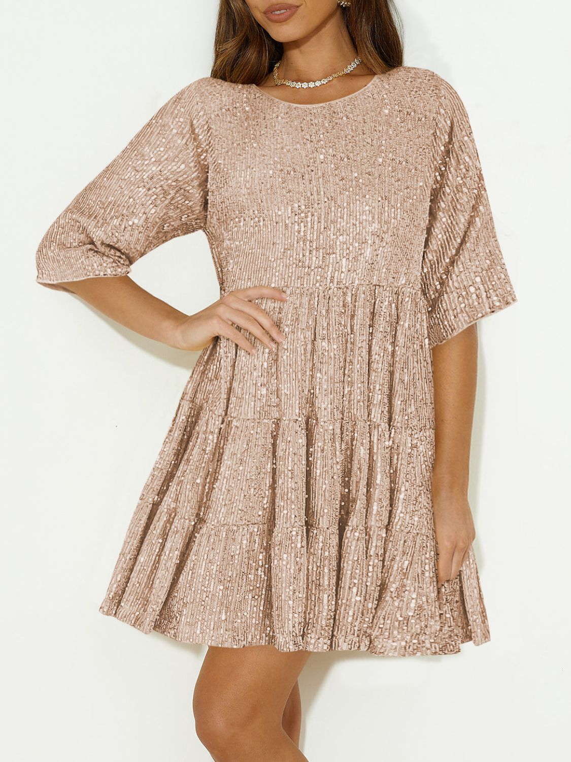 Sequin Round Neck Half Sleeve Mini Dress - Lunaria