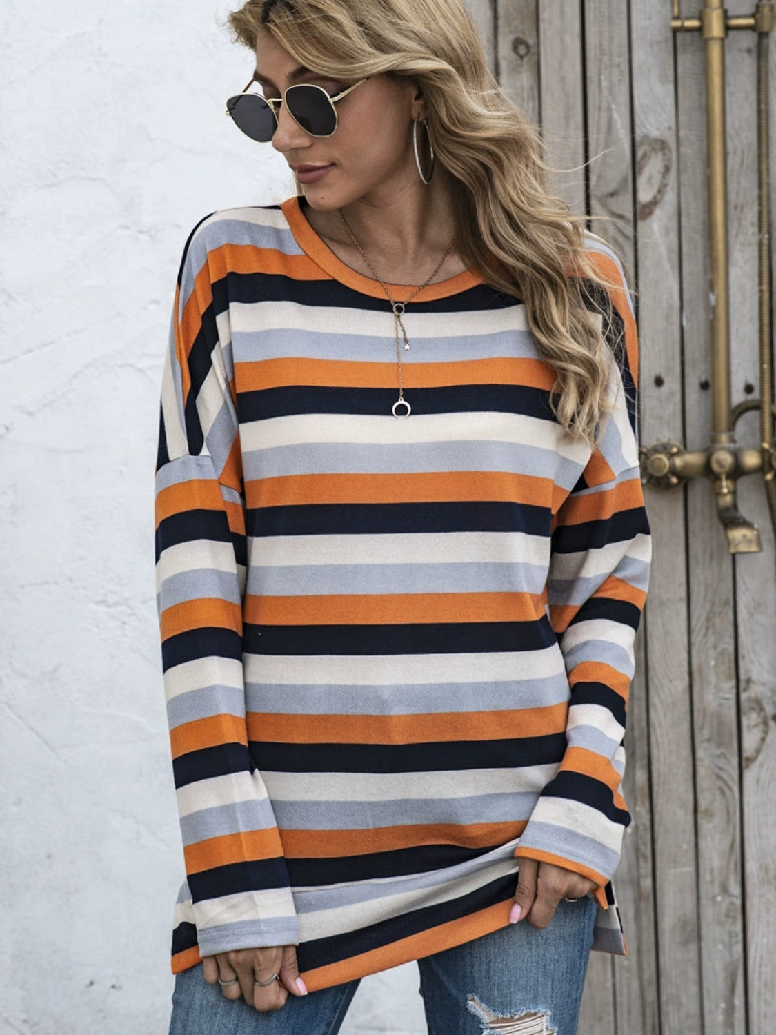 Full Size Striped Round Neck Long Sleeve T-Shirt Plus Size - Lunaria