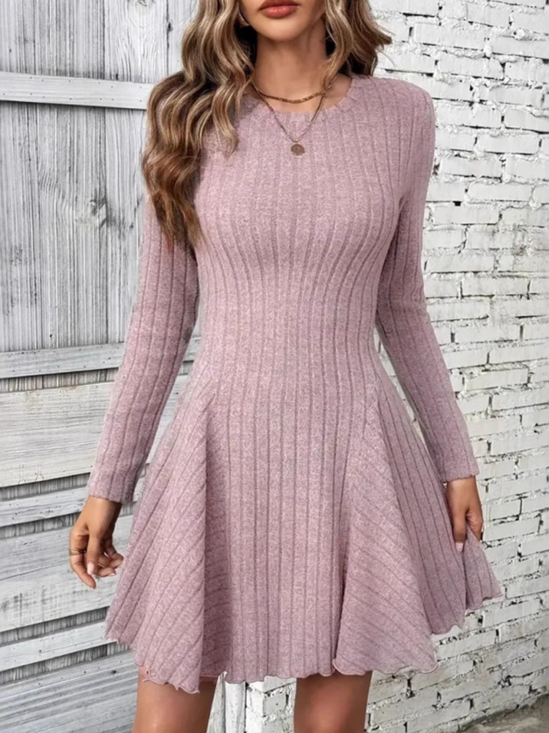 Ribbed Round Neck Long Sleeve Mini Dress - Lunaria