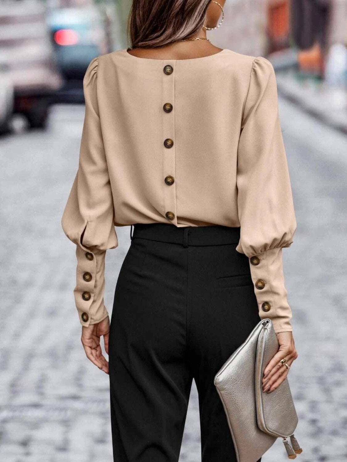 Round Neck Lantern Sleeve Blouse - Lunaria