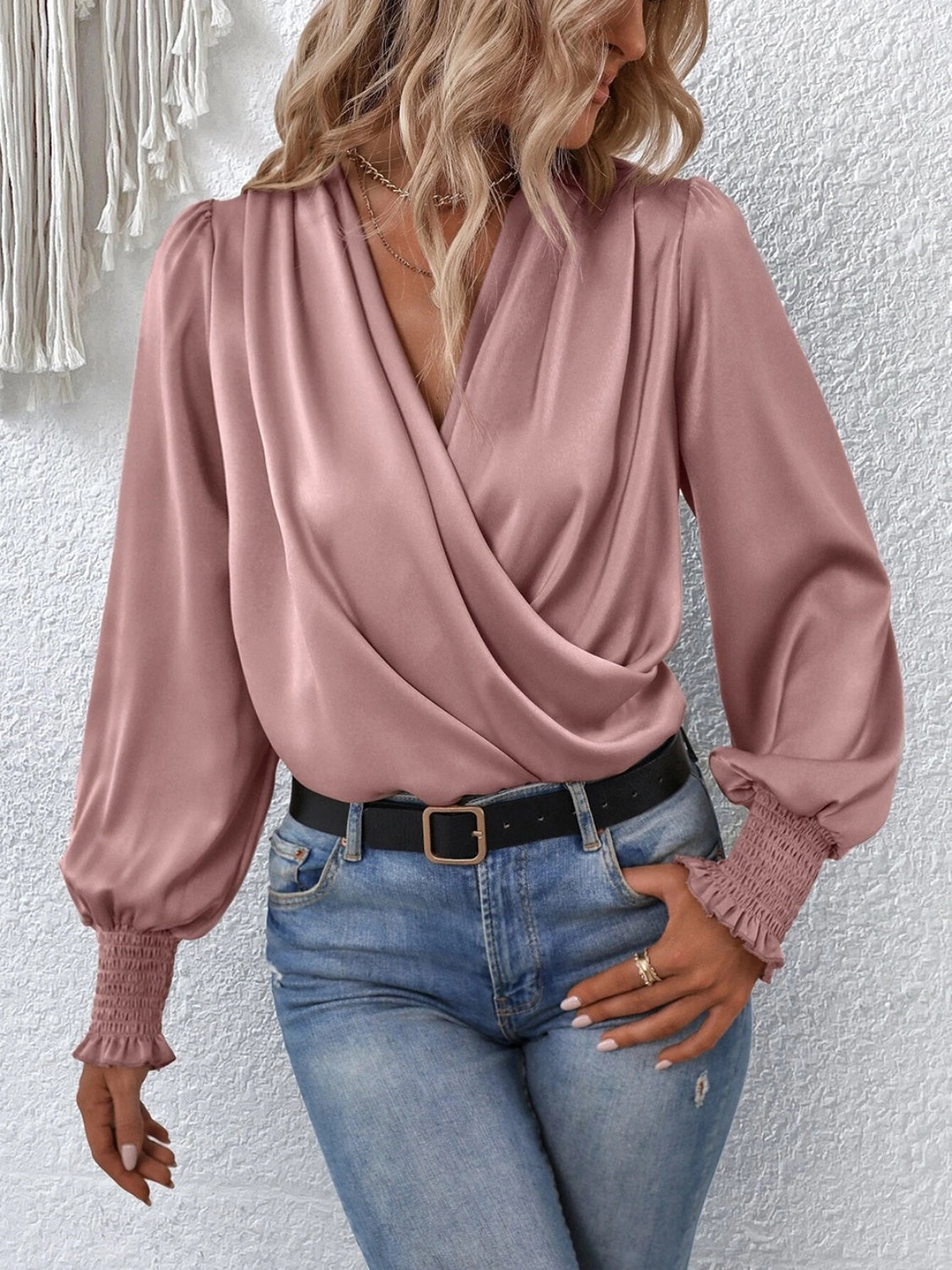 Surplice Smocked Lantern Sleeve Blouse - Lunaria