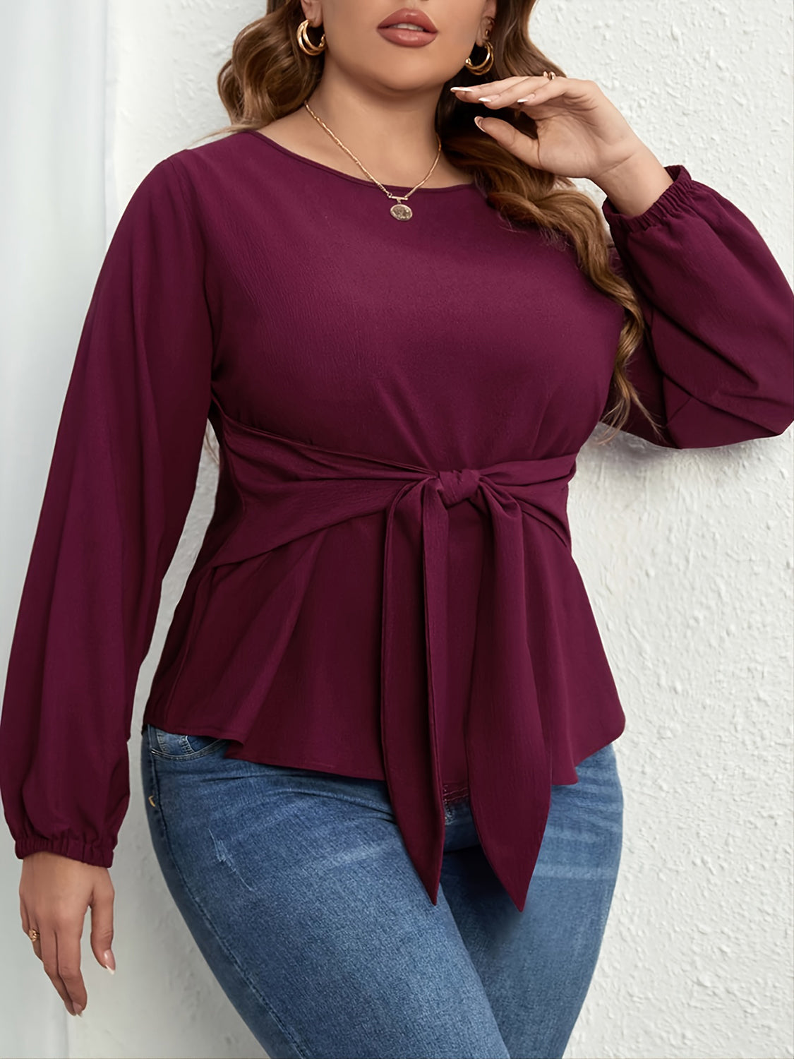 Plus Size Tie Front Long Sleeve Blouse - Lunaria