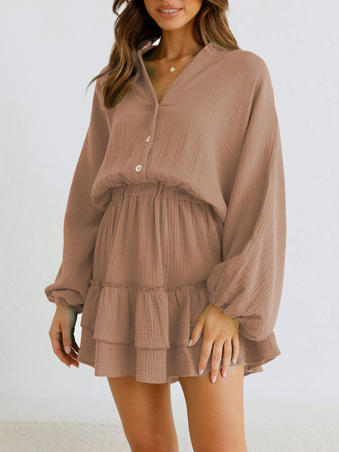 Ruffled Notched Balloon Sleeve Mini Dress - Lunaria