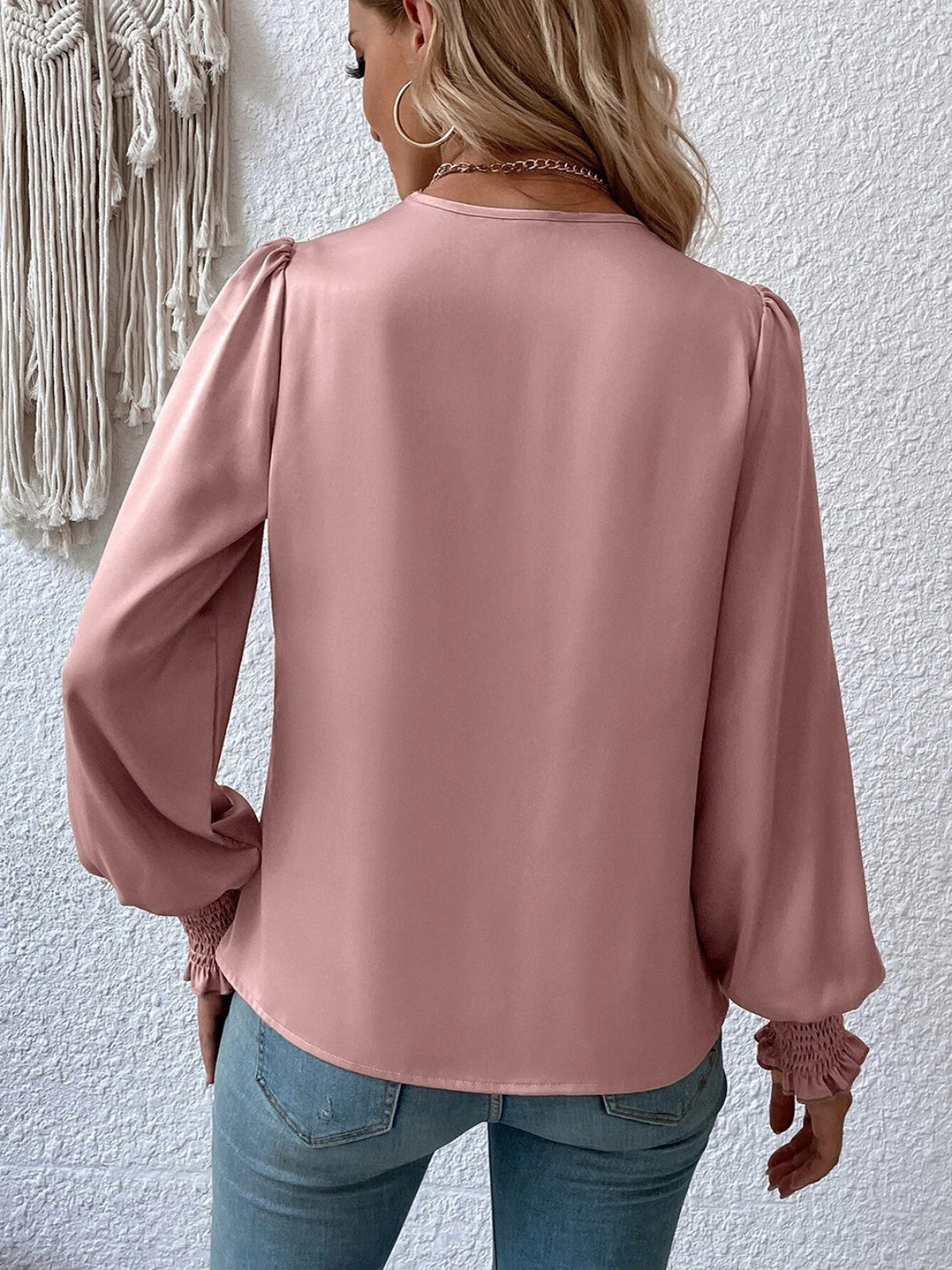 Surplice Smocked Lantern Sleeve Blouse - Lunaria